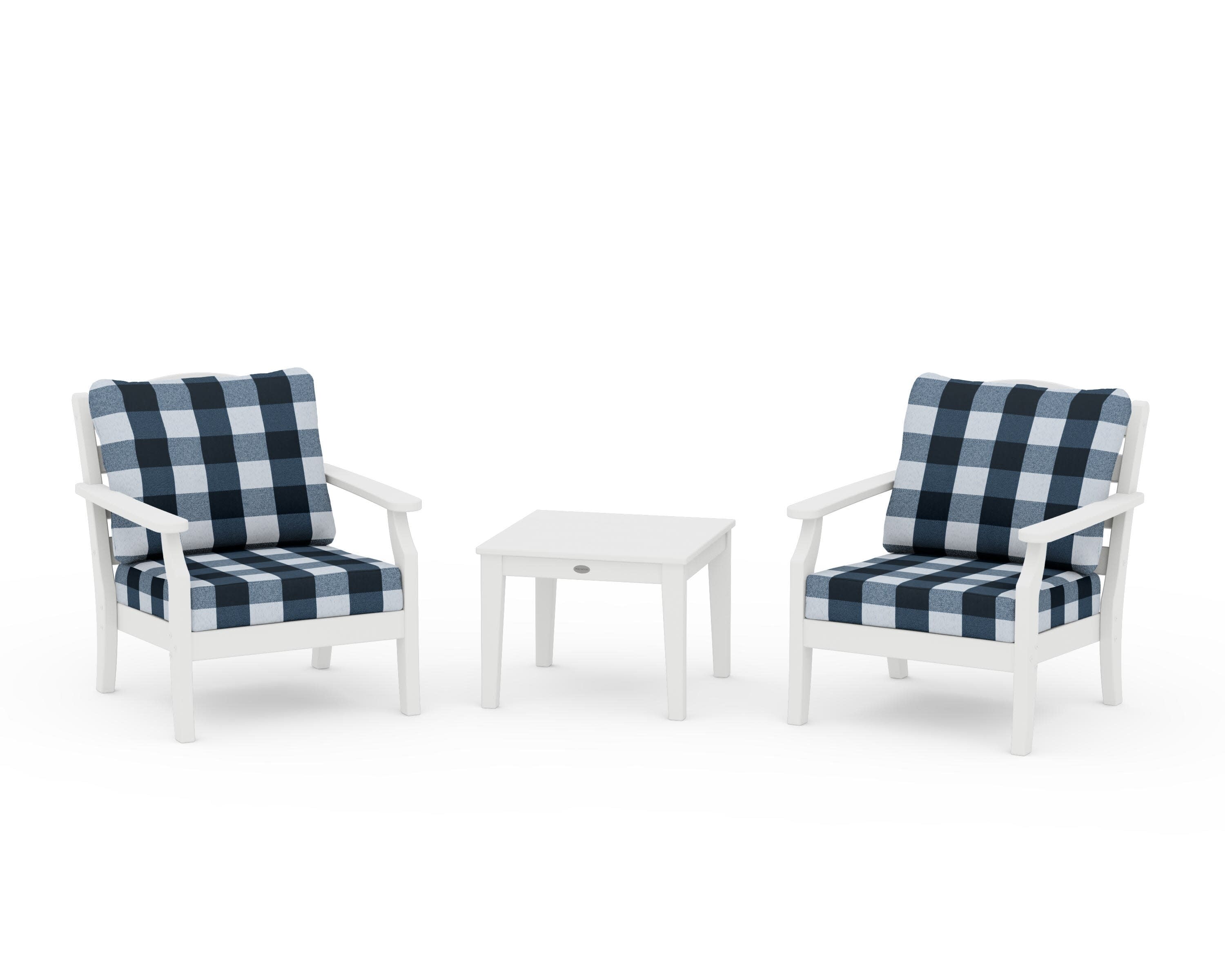 Savannah 3-Piece Deep Seating Set in White / Buffalo Plaid Marine Indigo