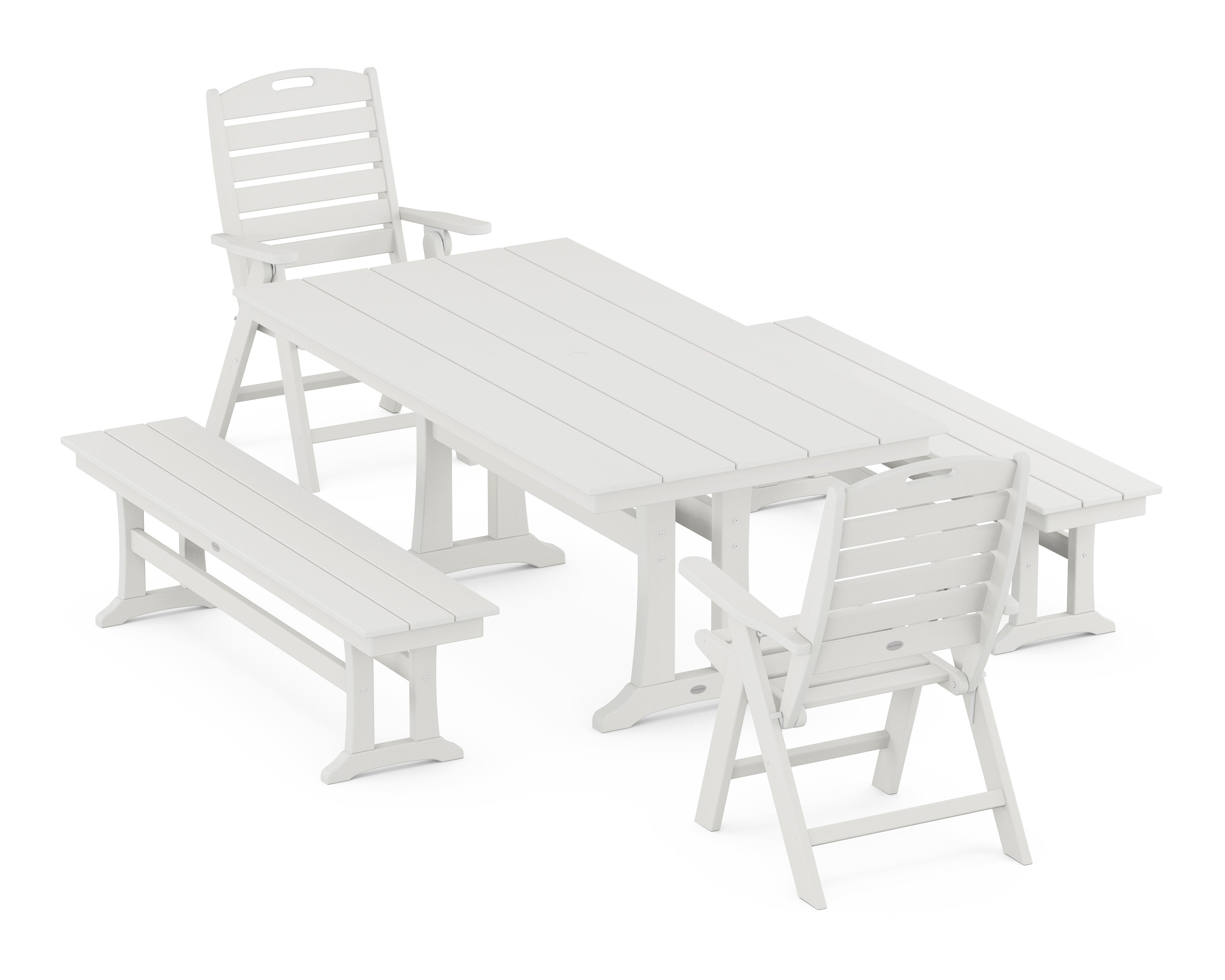 Nautical Folding Highback Chair 5-Piece Farmhouse Dining Set With Trestle Legs and Benches in Vintage White