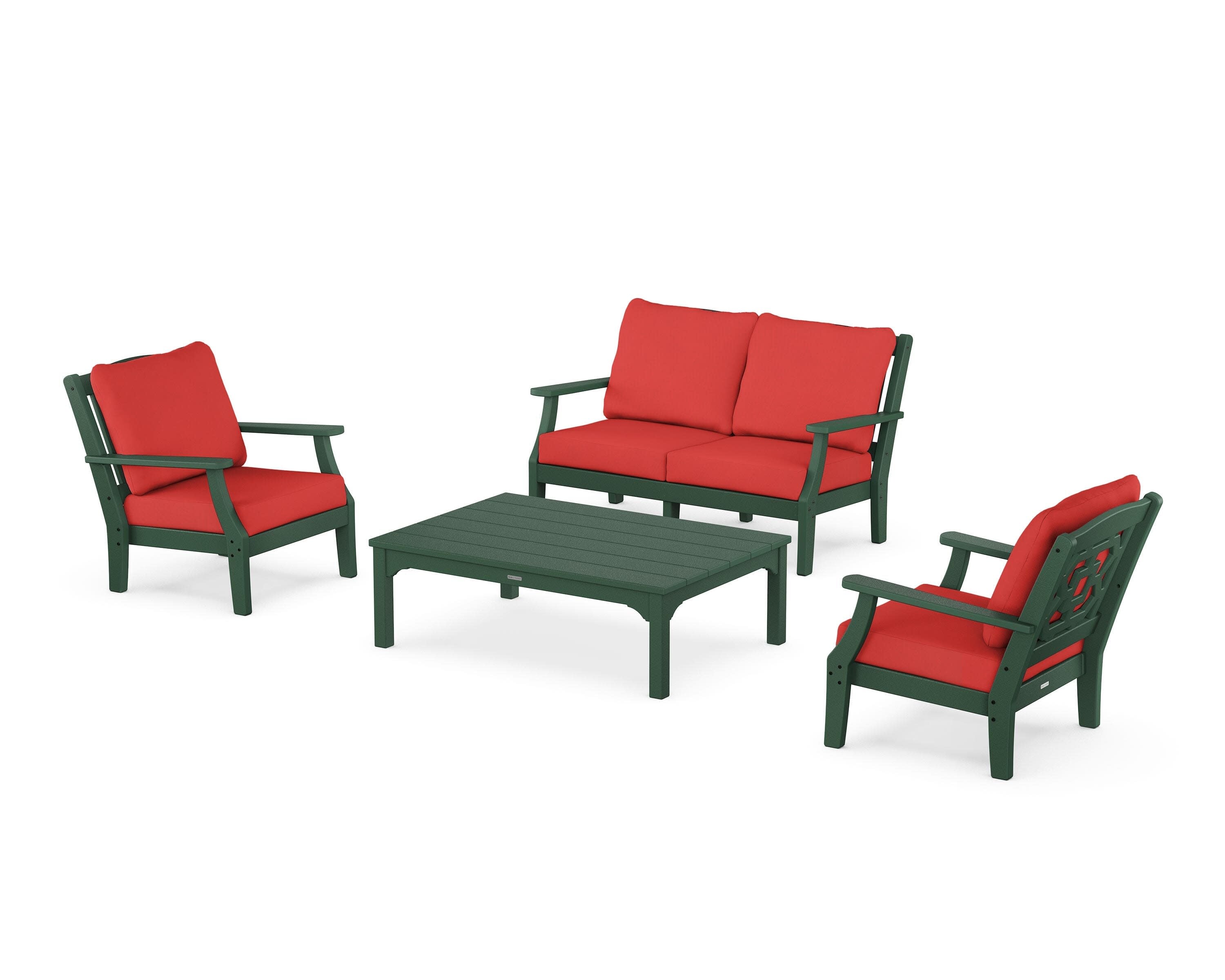 Chinoiserie 4-Piece Deep Seating Set with Loveseat in Green / Crimson Linen