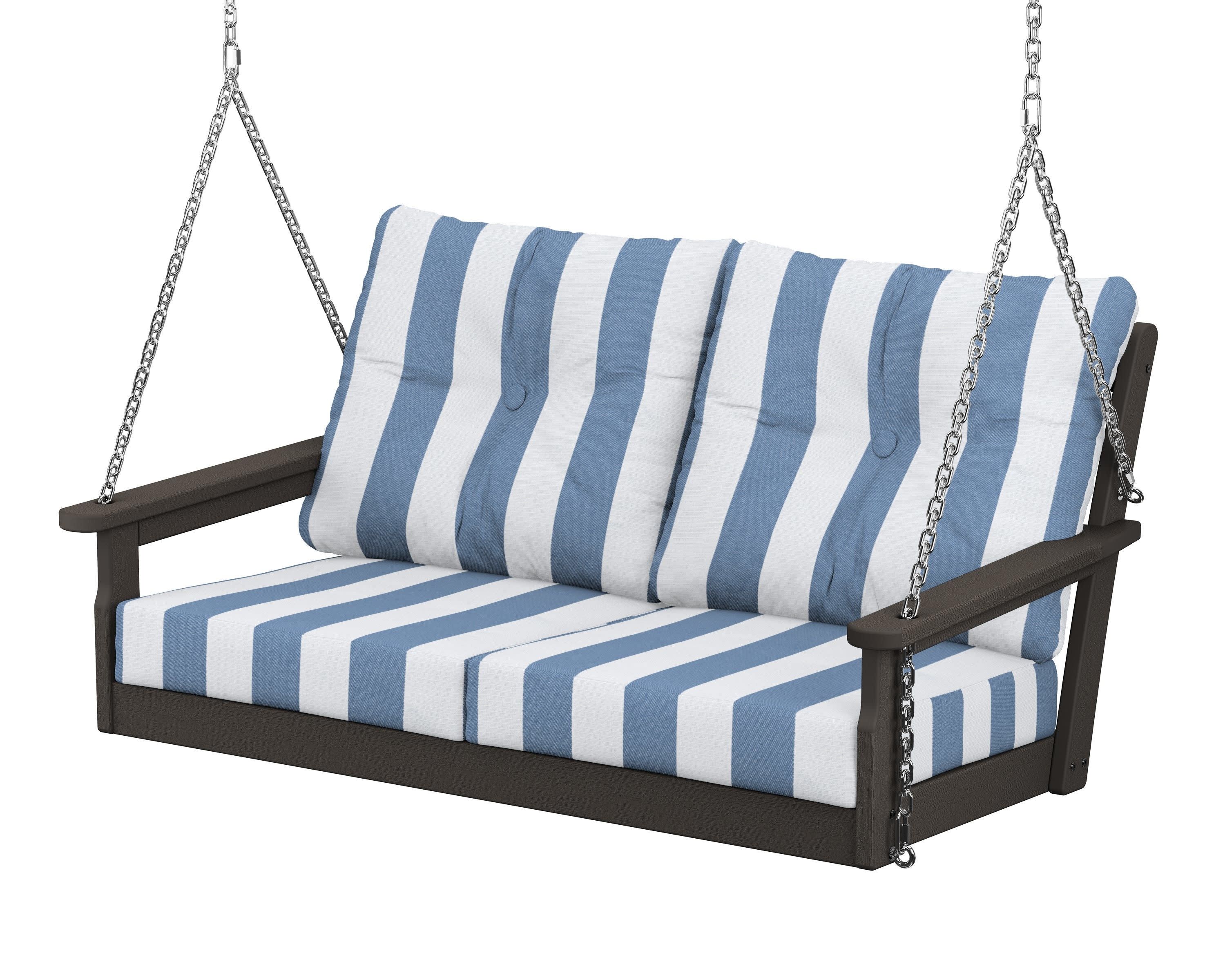 Vineyard Deep Seating Swing in Vintage Coffee / Cabana Stripe Sky Blue