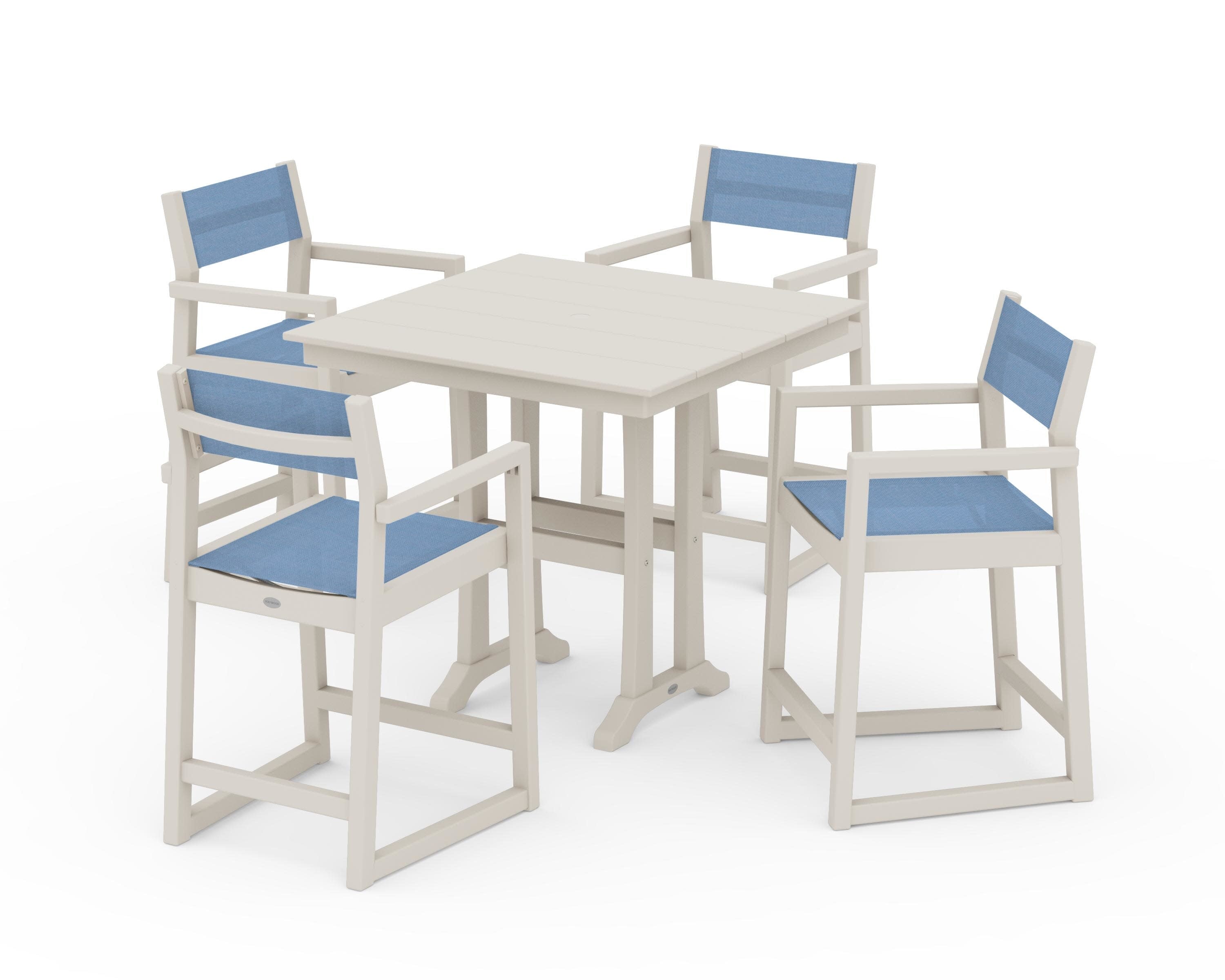 EDGE Sling Arm Chair 5-Piece Farmhouse Counter Set with Trestle Legs in Sand / Poolside Sling