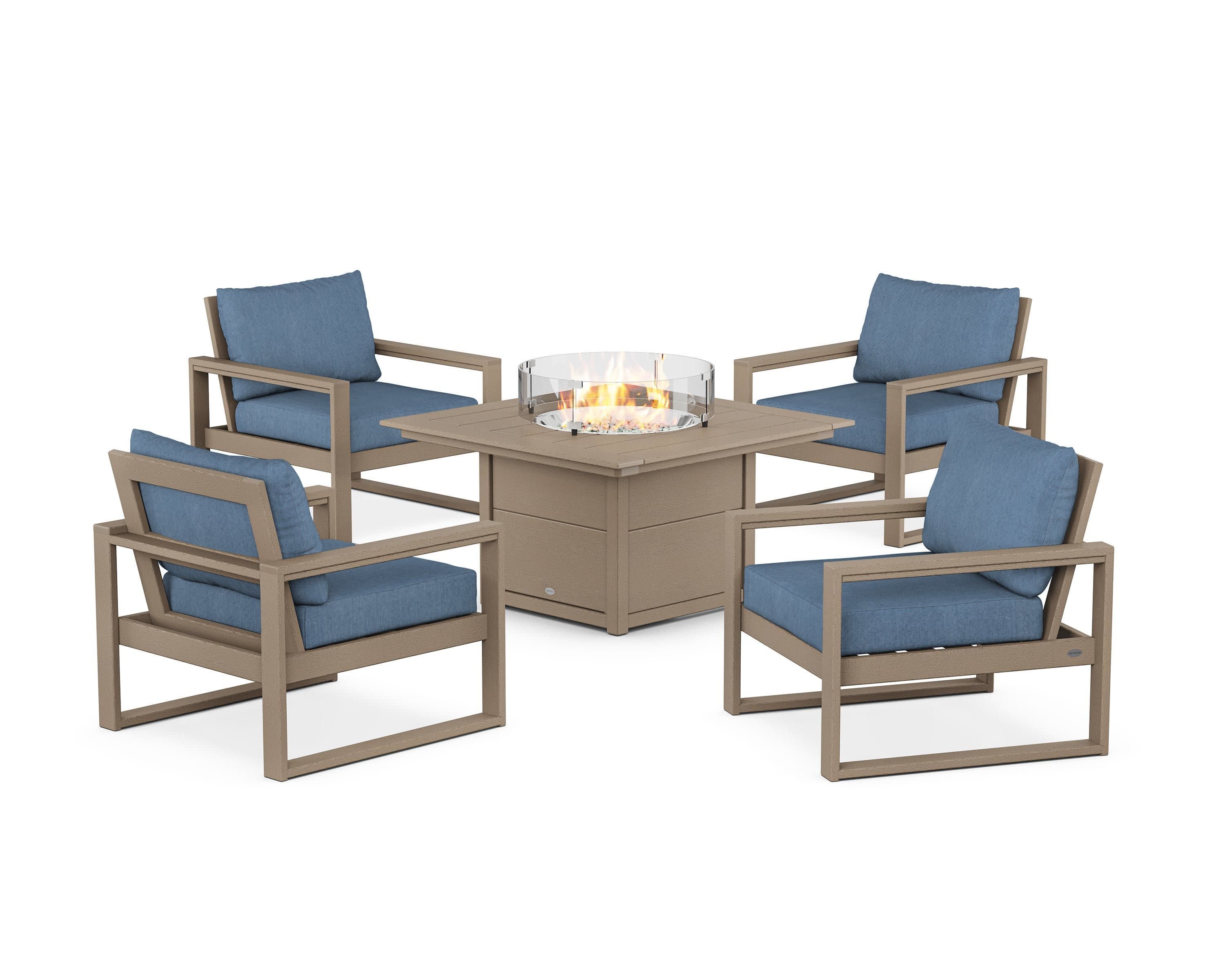 EDGE Sectional 5-Piece Deep Seating Set with Fire Pit Table in Vintage Sahara / Sky Blue