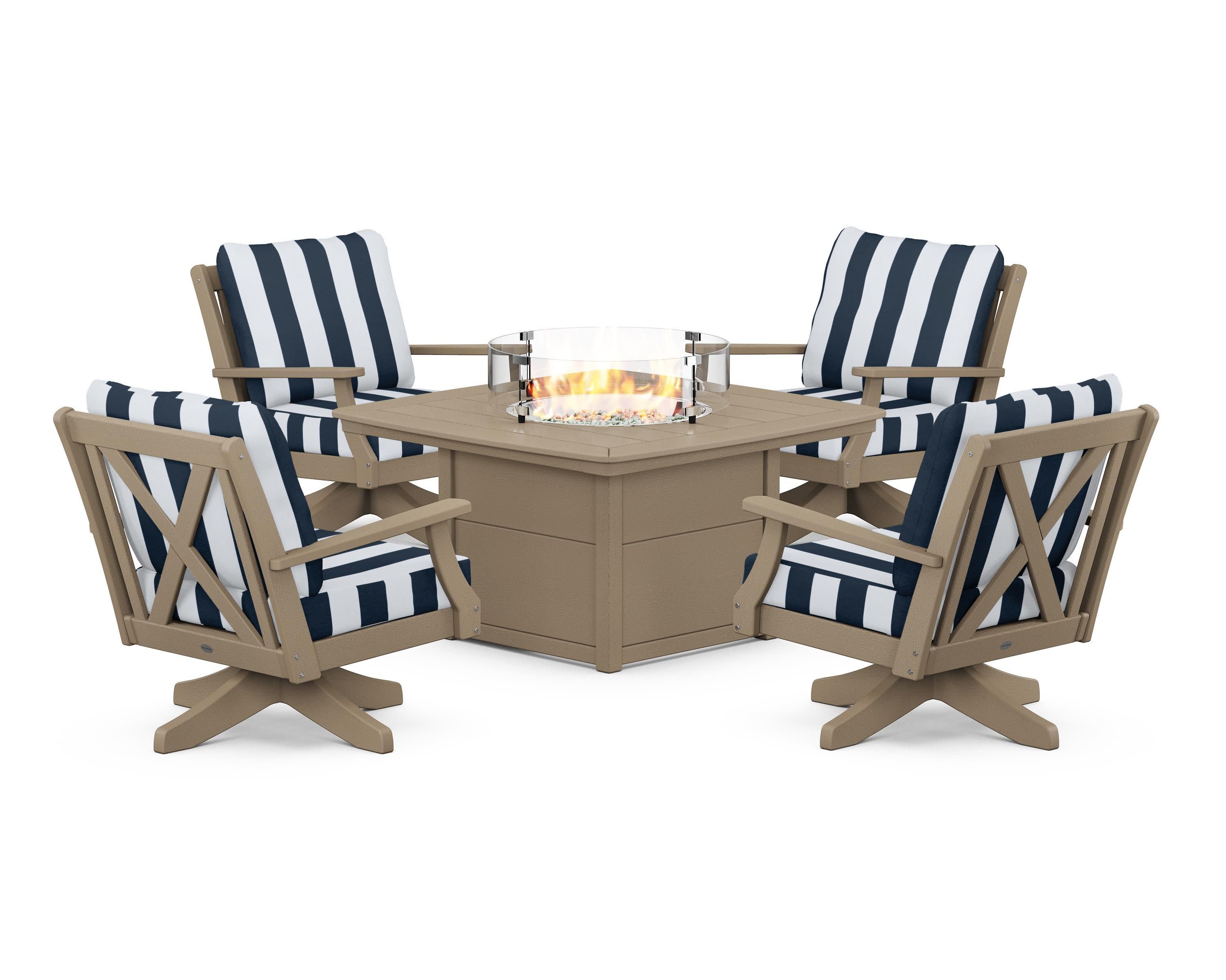 Braxton 5-Piece Deep Seating Swivel Conversation Set with Fire Pit Table in Vintage Sahara / Cabana Stripe Marine Indigo