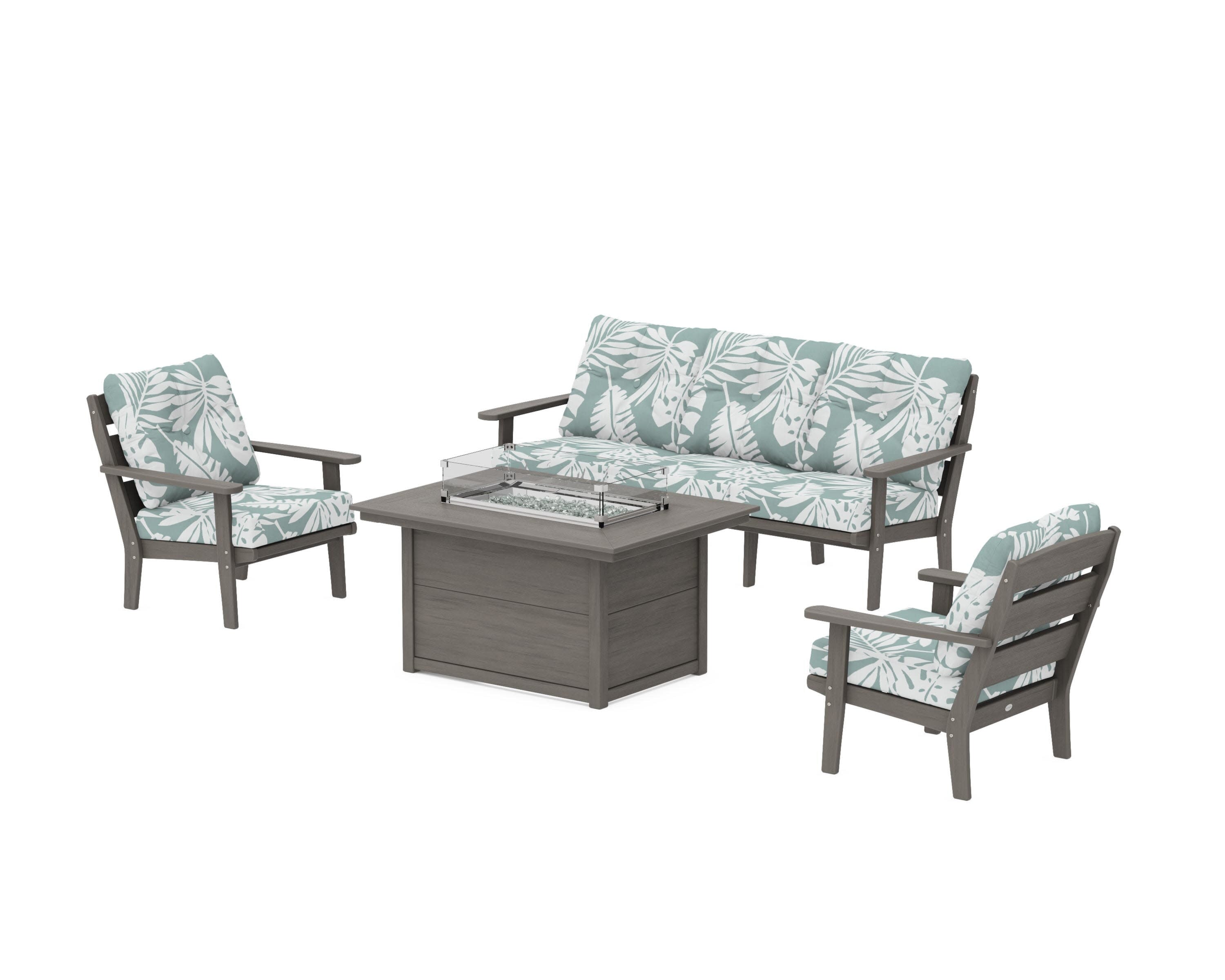 Lakeside Deep Seating Fire Pit Table Set in Driftwood / Leaf Glacier Spa