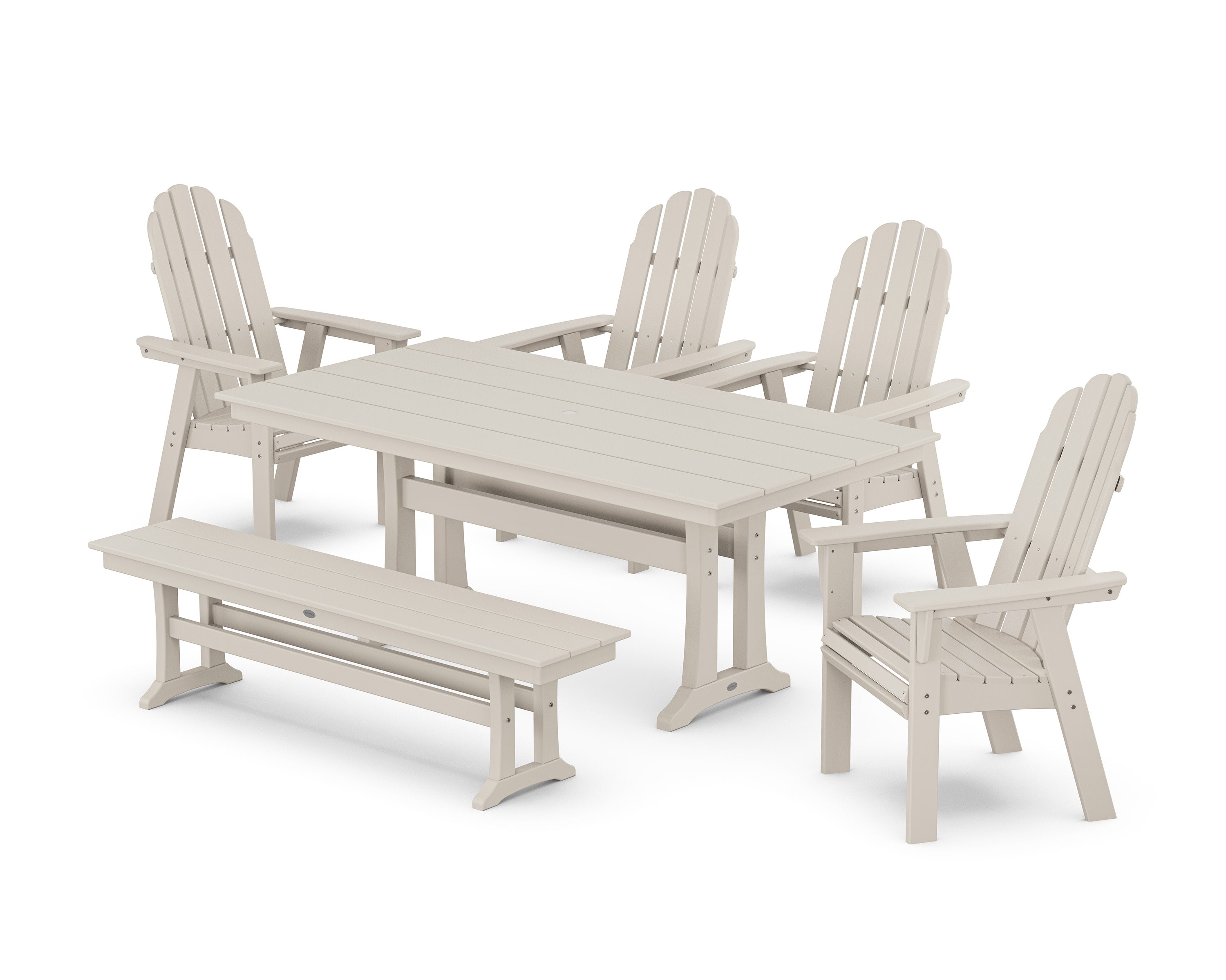 Vineyard Curveback Adirondack Chair 6-Piece Farmhouse Dining Set with Trestle Legs and Bench in Sand