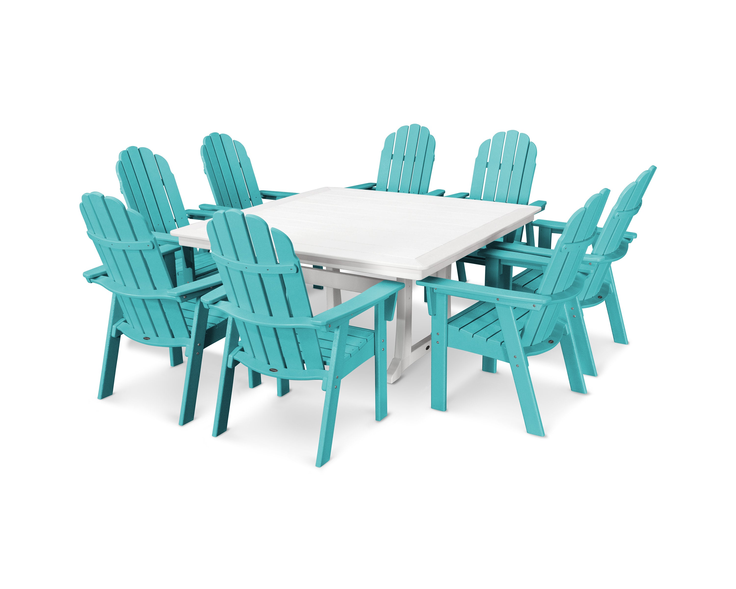 Vineyard Curveback Adirondack 9-Piece Nautical Trestle Dining Set in Aruba / White
