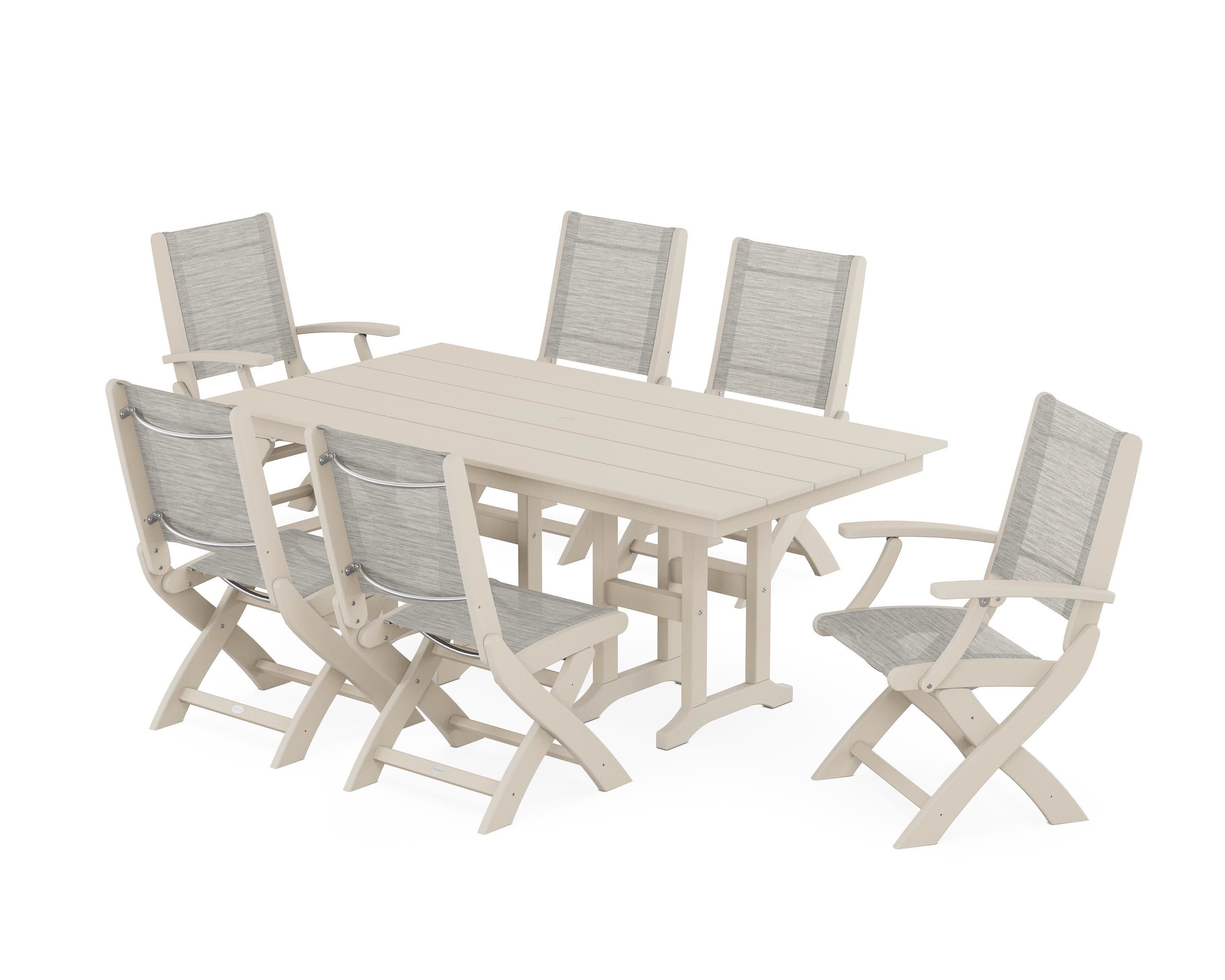 Coastal Folding Chair 7-Piece Farmhouse Dining Set in Sand / Birch Sling