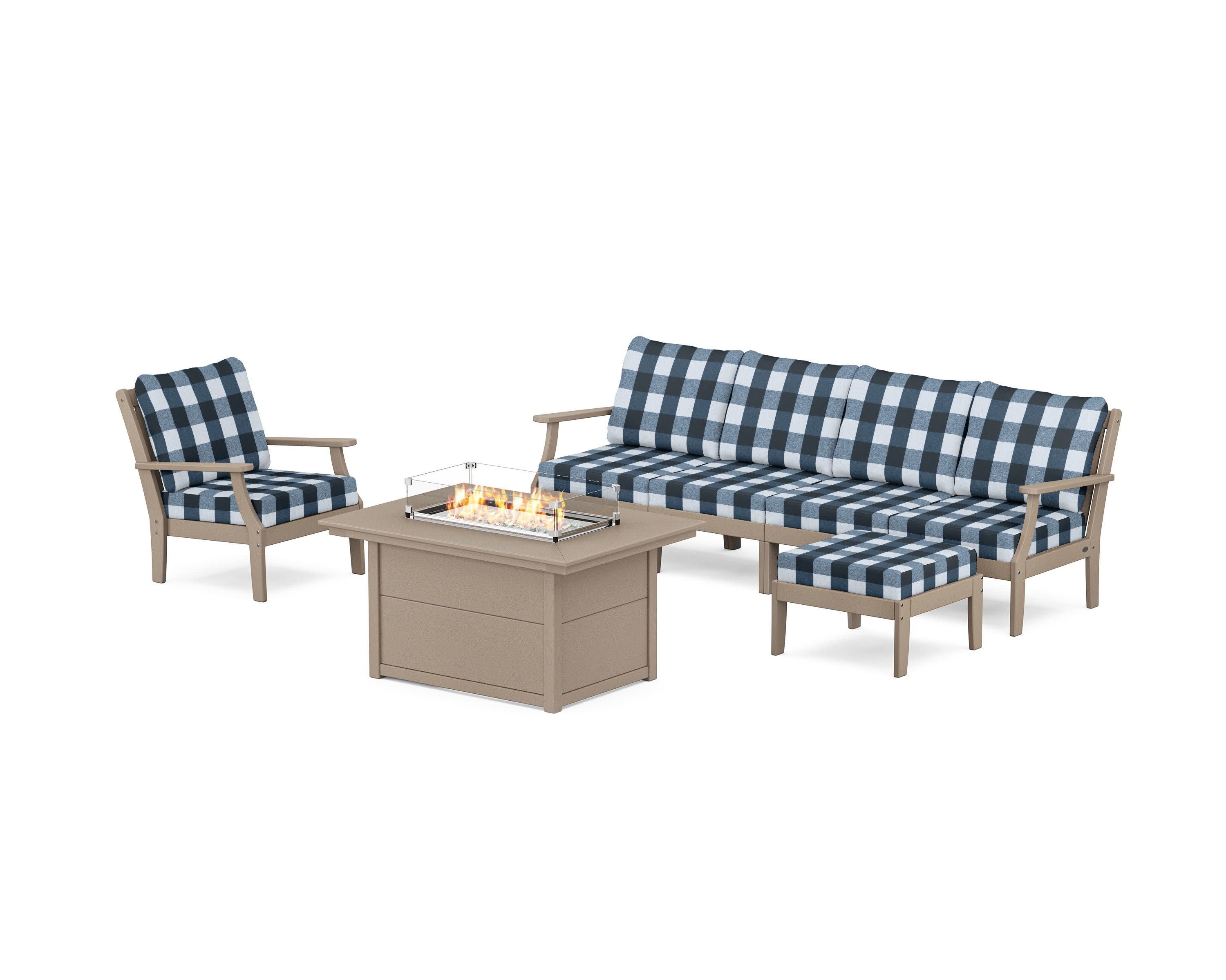 Braxton Sectional Lounge and Fire Pit Set in Vintage Sahara / Buffalo Plaid Marine Indigo