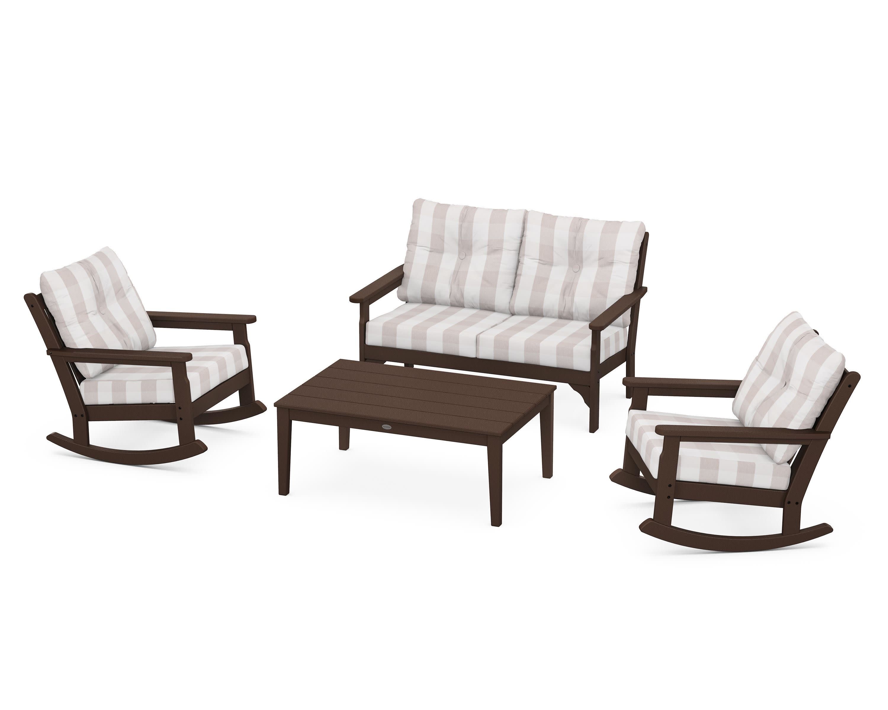 Vineyard 4-Piece Deep Seating Rocking Chair Set in Mahogany / Buffalo Plaid Dune Burlap