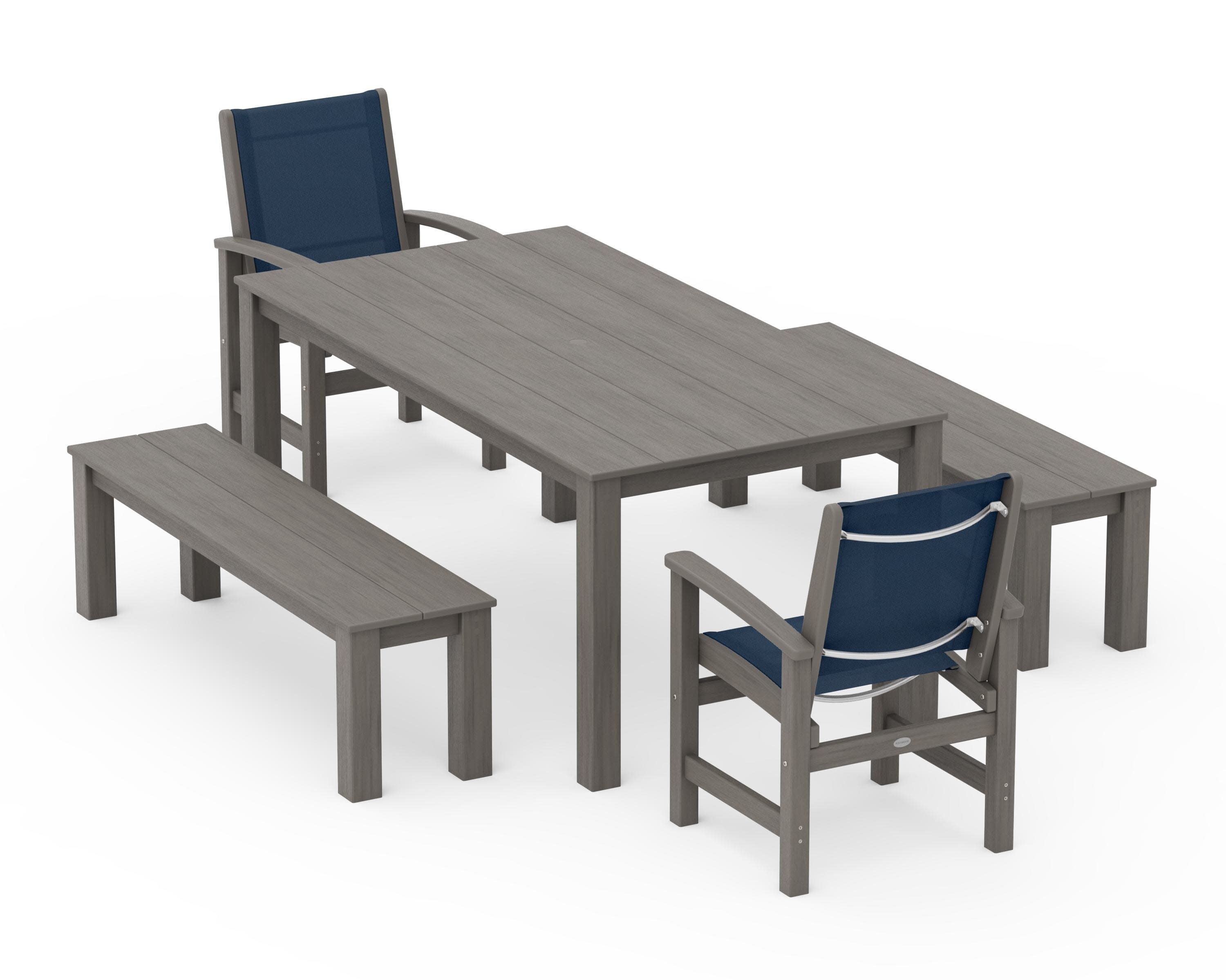 Coastal 5-Piece Parsons Dining Set with Benches in Driftwood / Navy Blue Sling