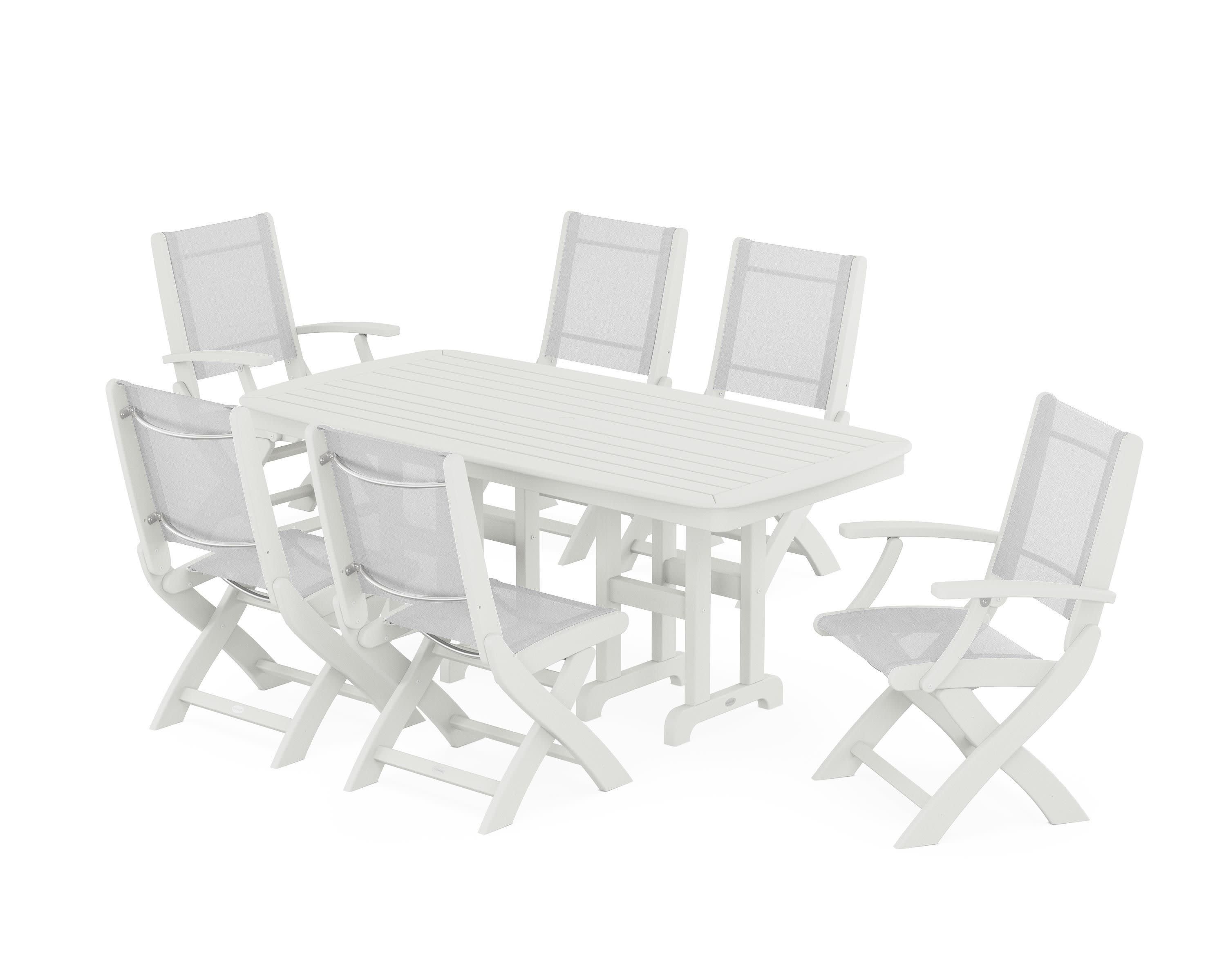 Coastal Folding Chair 7-Piece Dining Set in Vintage White / White Sling