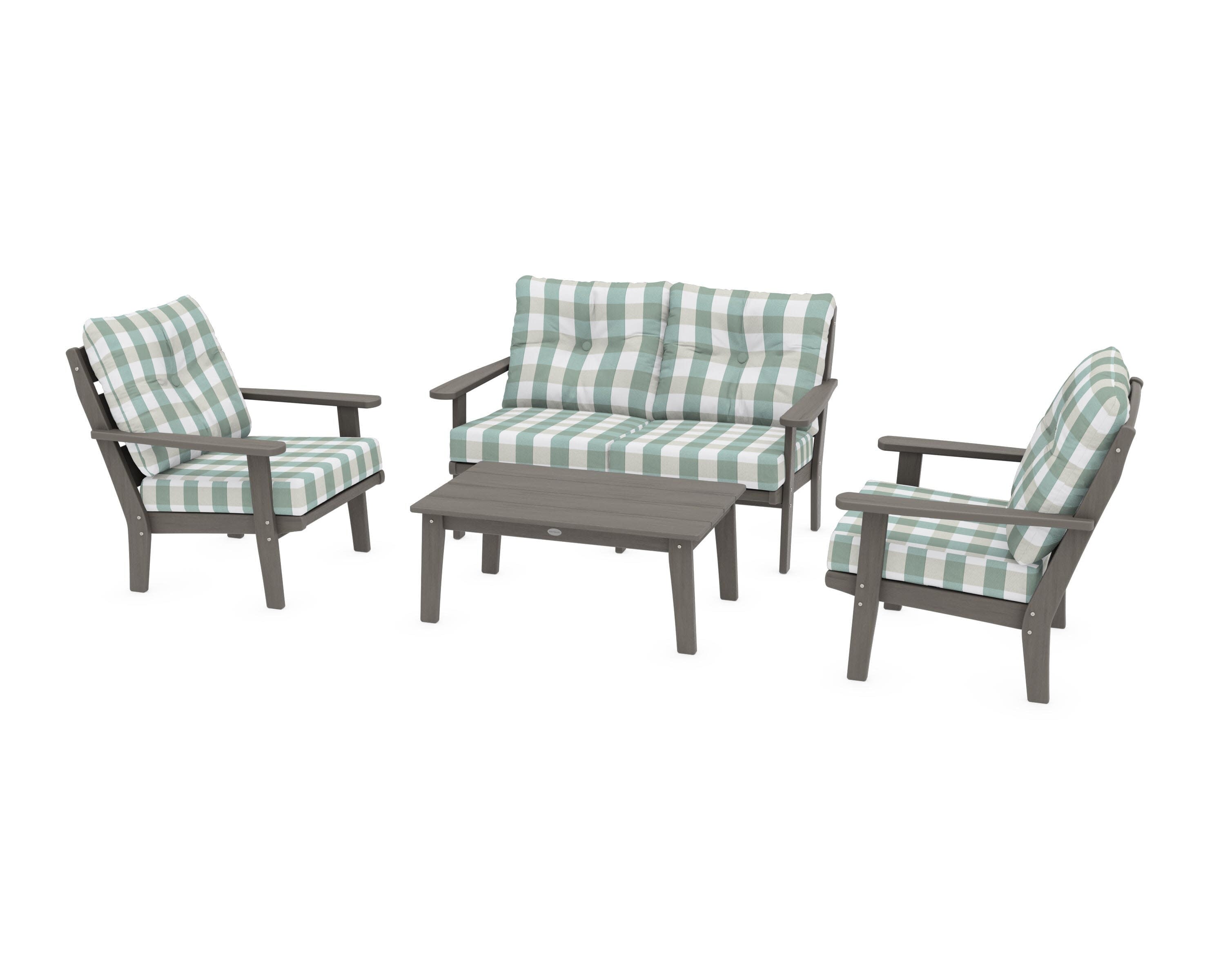 Lakeside 4-Piece Deep Seating Set in Driftwood / Buffalo Plaid Glacier Spa