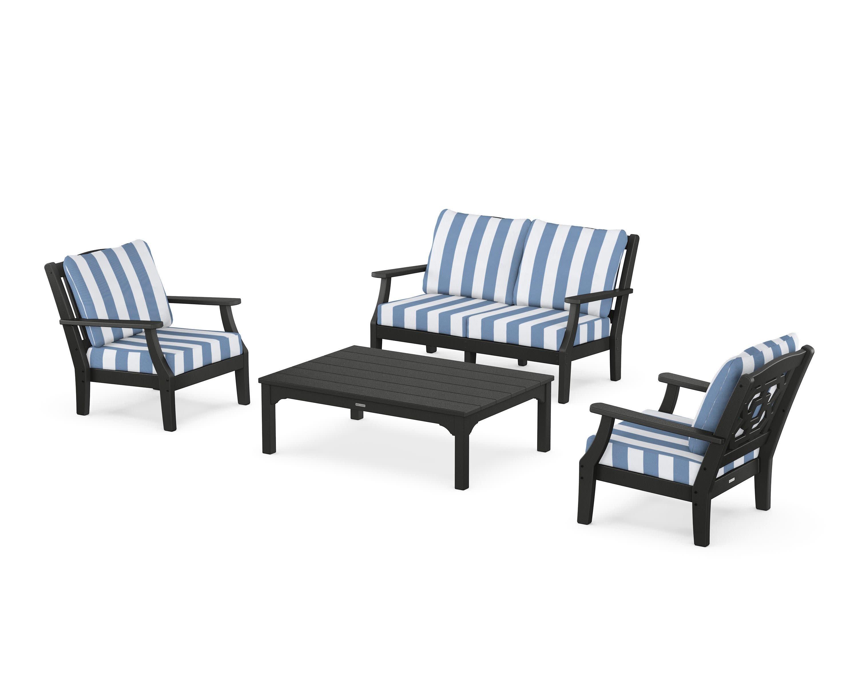 Chinoiserie 4-Piece Deep Seating Set with Loveseat in Black / Cabana Stripe Sky Blue