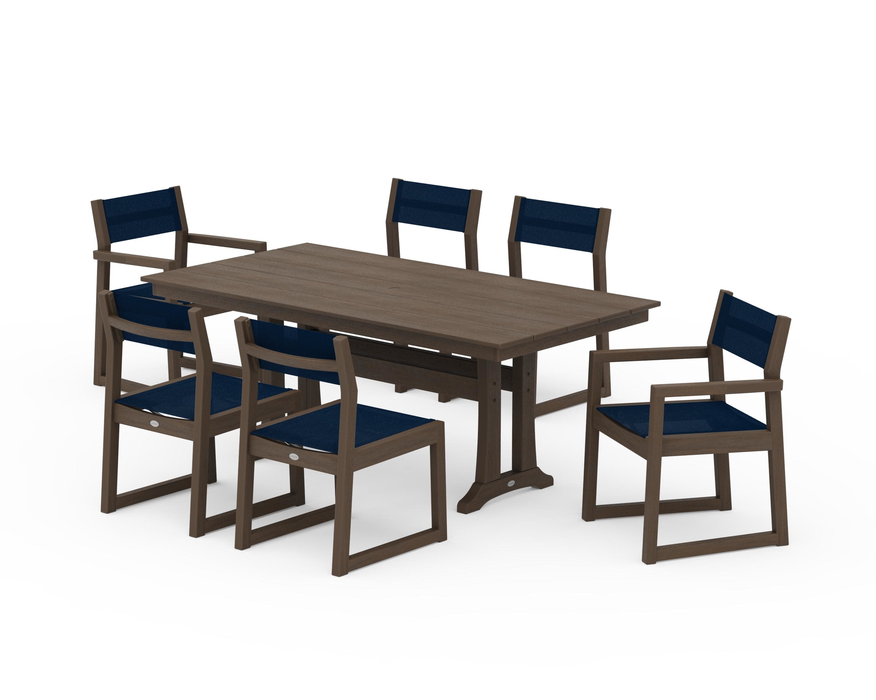 EDGE Sling 7-Piece Farmhouse Trestle Dining Set in Kona / Navy Blue Sling