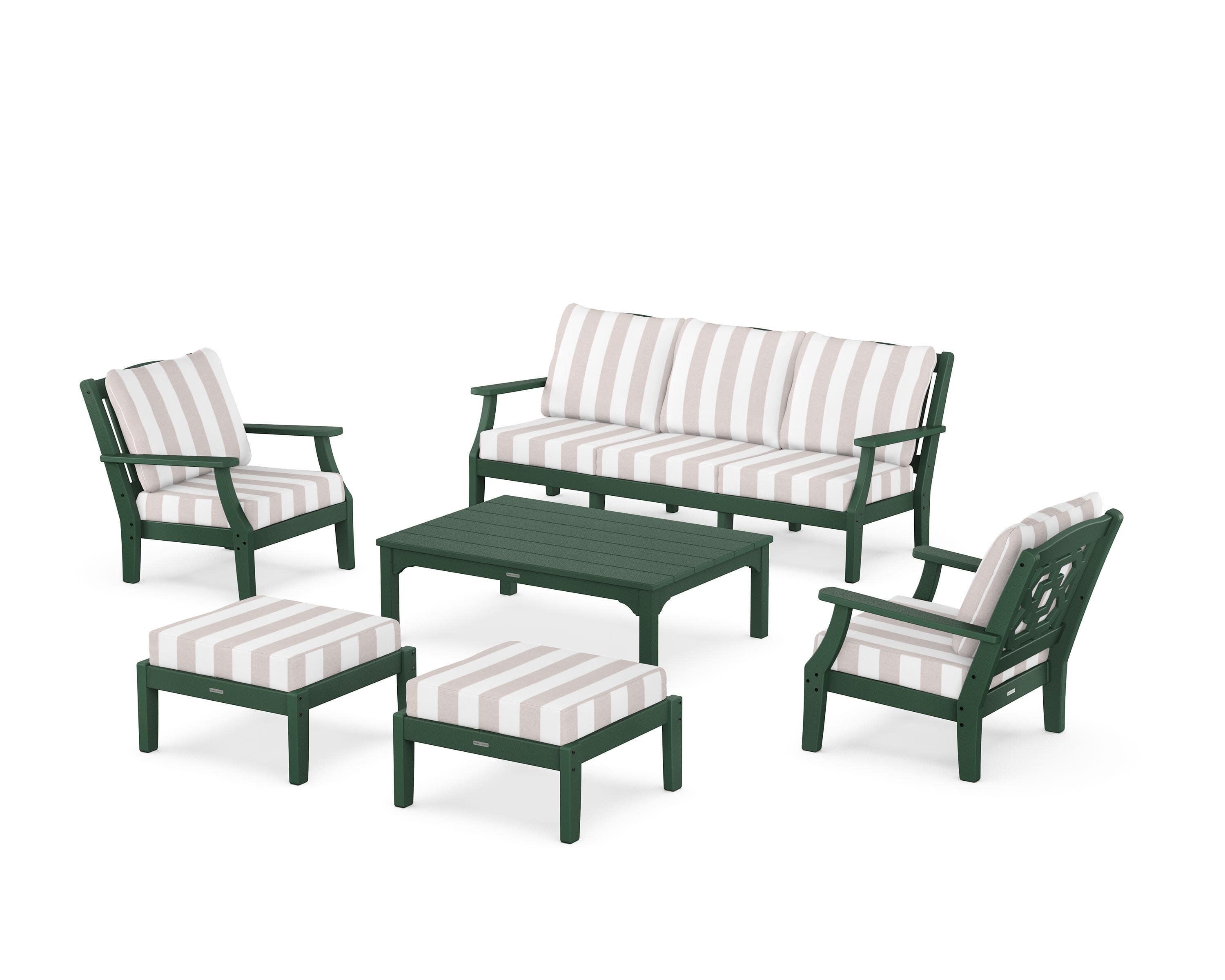 Chinoiserie 6-Piece Lounge Sofa Set in Green / Cabana Stripe Dune Burlap