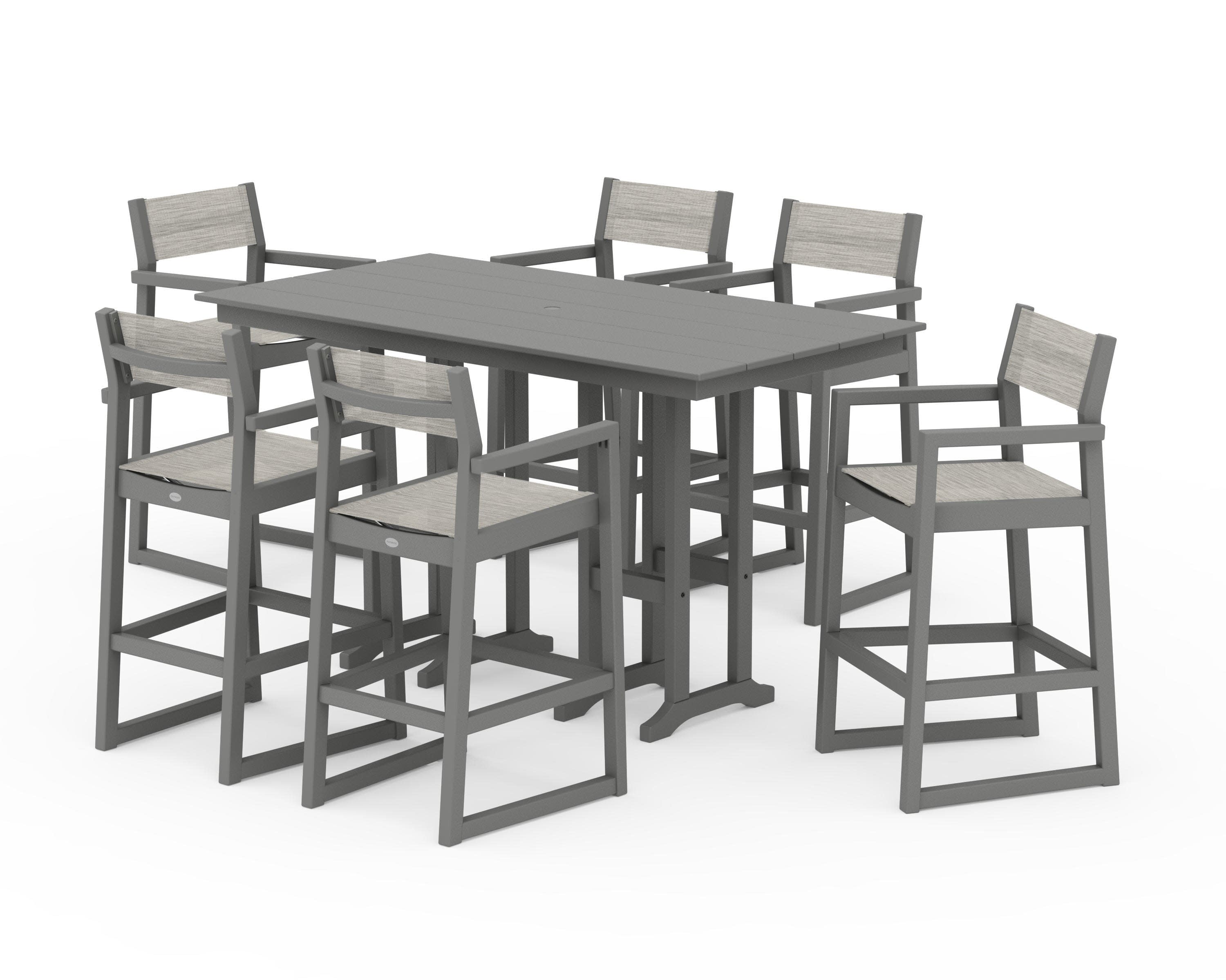 EDGE Sling Arm Chair 7-Piece Farmhouse Bar Set in Slate Grey / Birch Sling