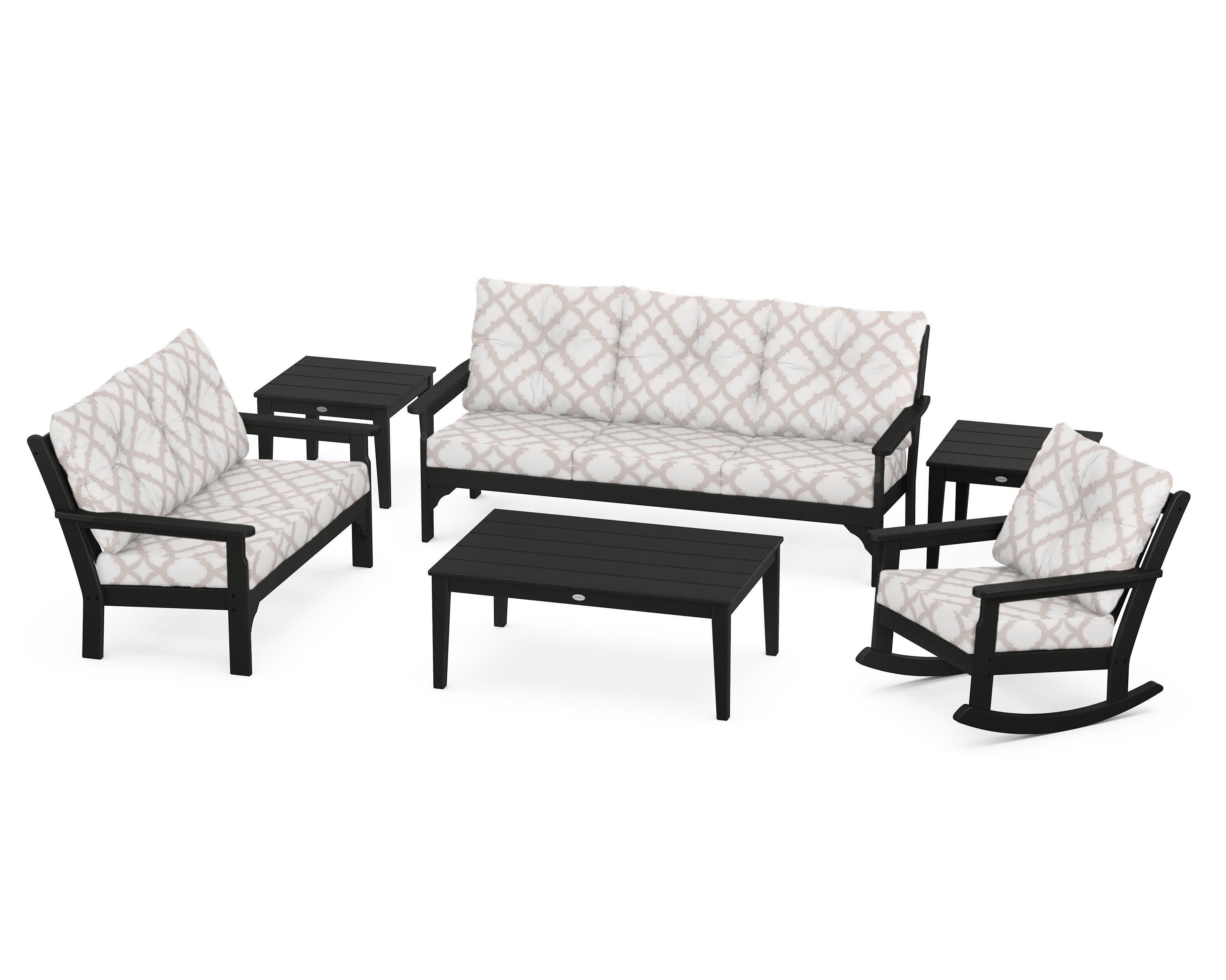 Vineyard 6-Piece Deep Seating Set in Black / Trellis Dune Burlap