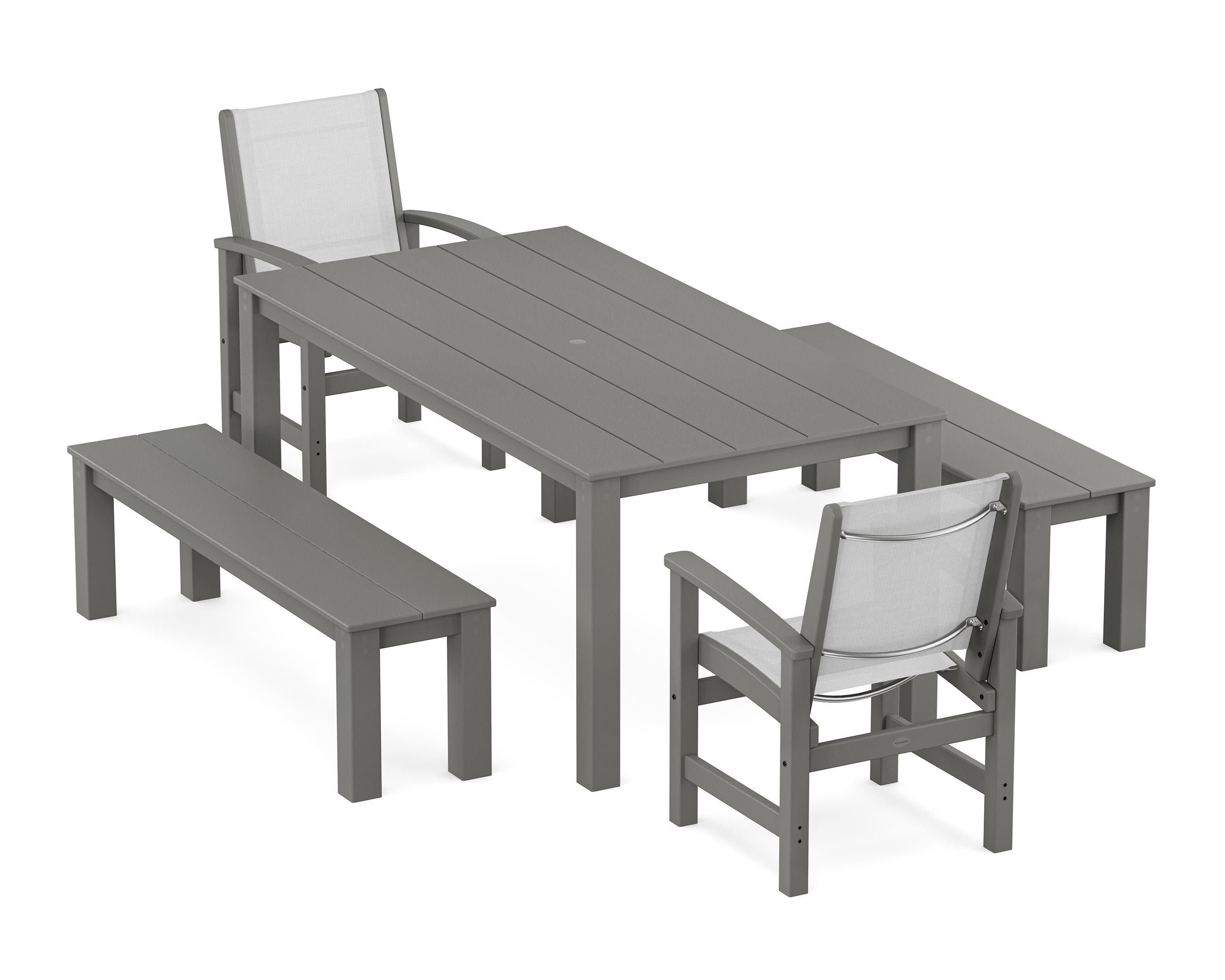 Coastal 5-Piece Parsons Dining Set with Benches in Slate Grey / White Sling