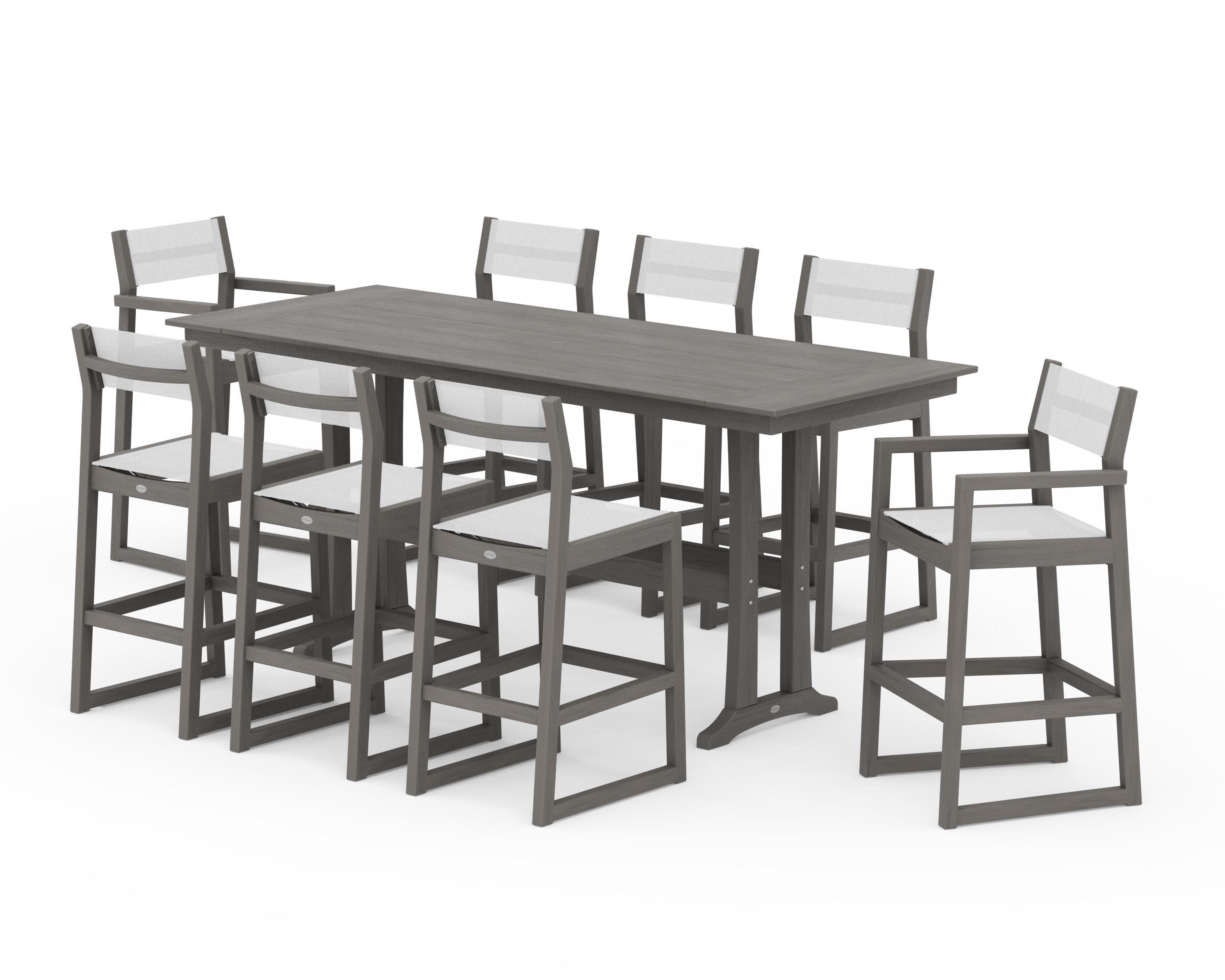 EDGE Sling 9-Piece Farmhouse Bar Set with Trestle Legs in Driftwood / White Sling