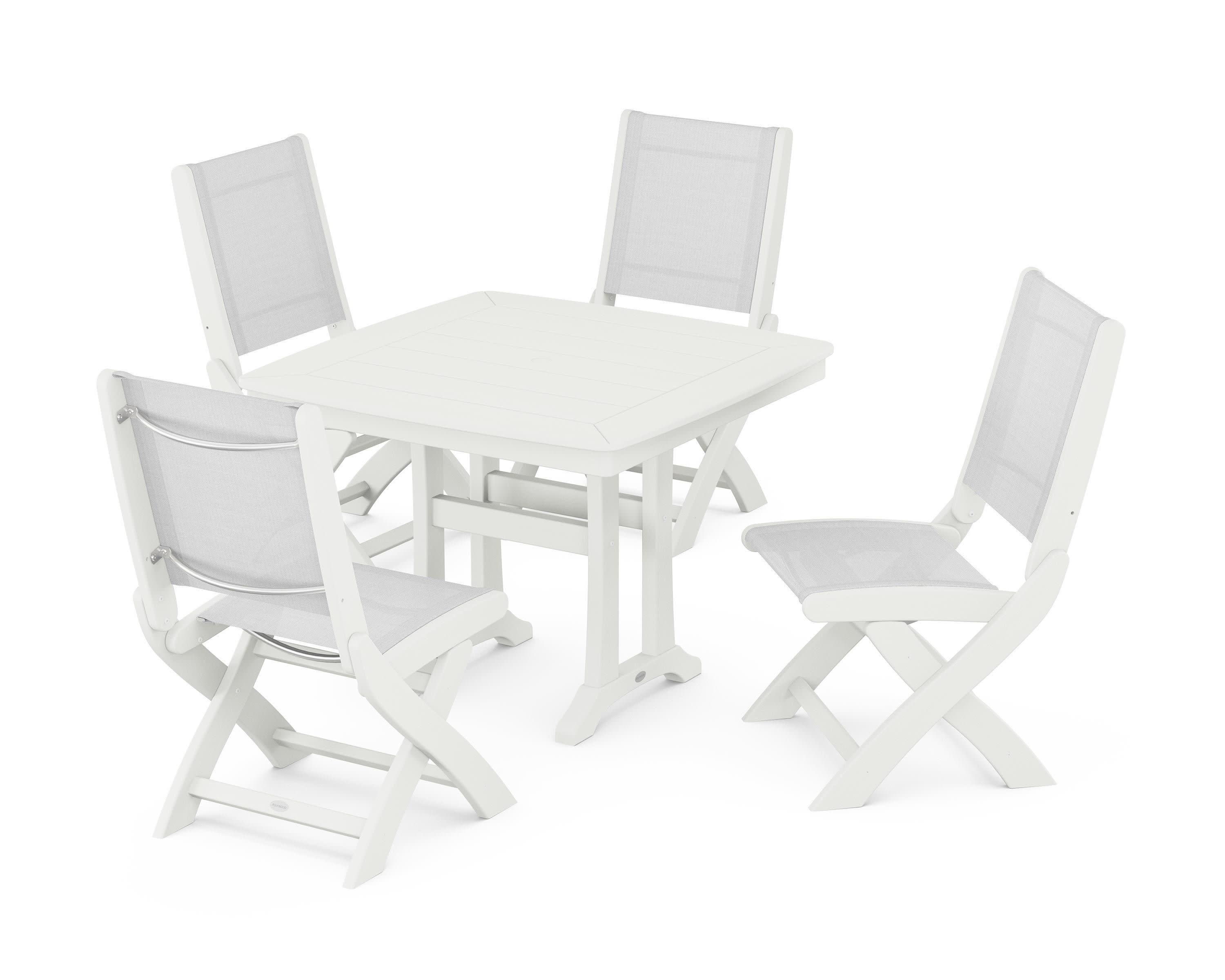 Coastal Folding Side Chair 5-Piece Dining Set with Trestle Legs in Vintage White / White Sling