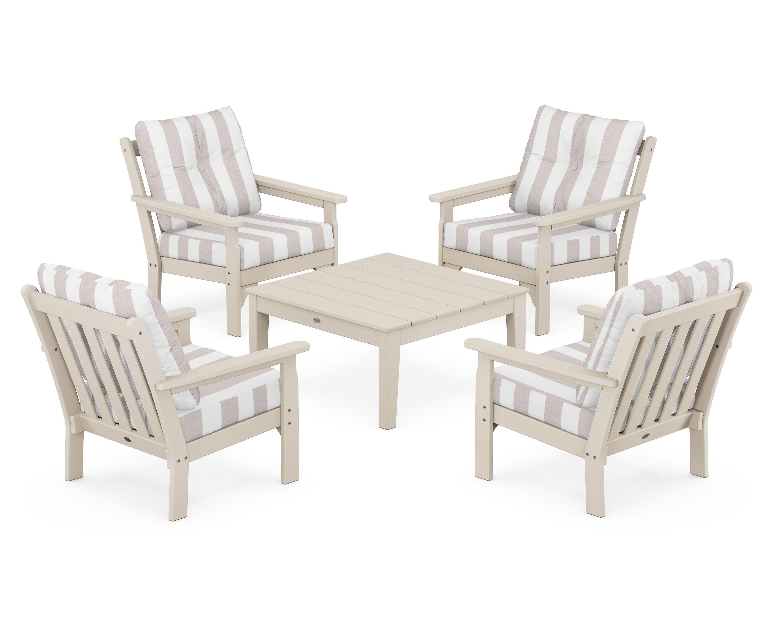 Vineyard 5-Piece Deep Seating Conversation Set in Sand / Cabana Stripe Dune Burlap