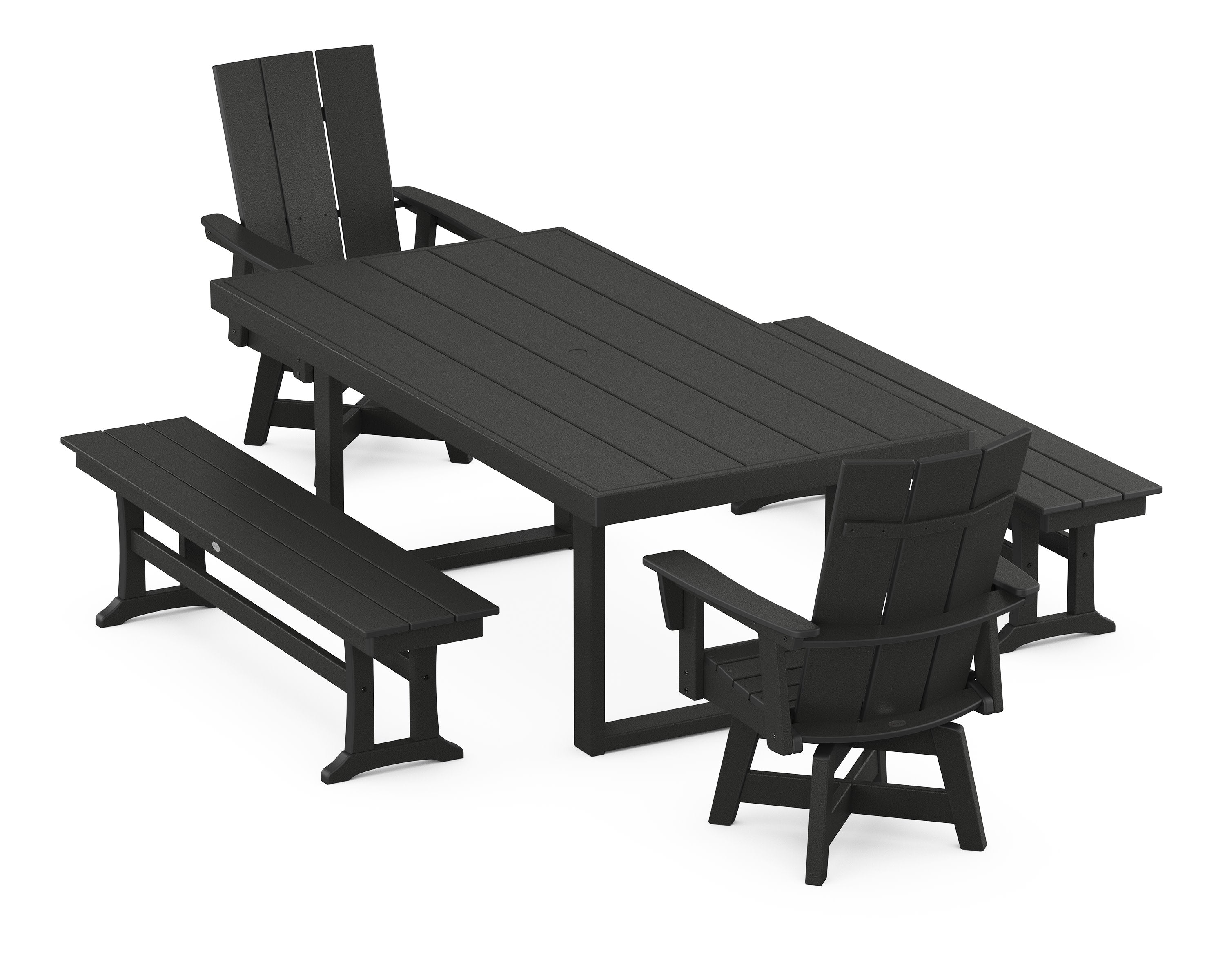 Modern Adirondack Swivel Chair 5-Piece Dining Set with Benches in Black