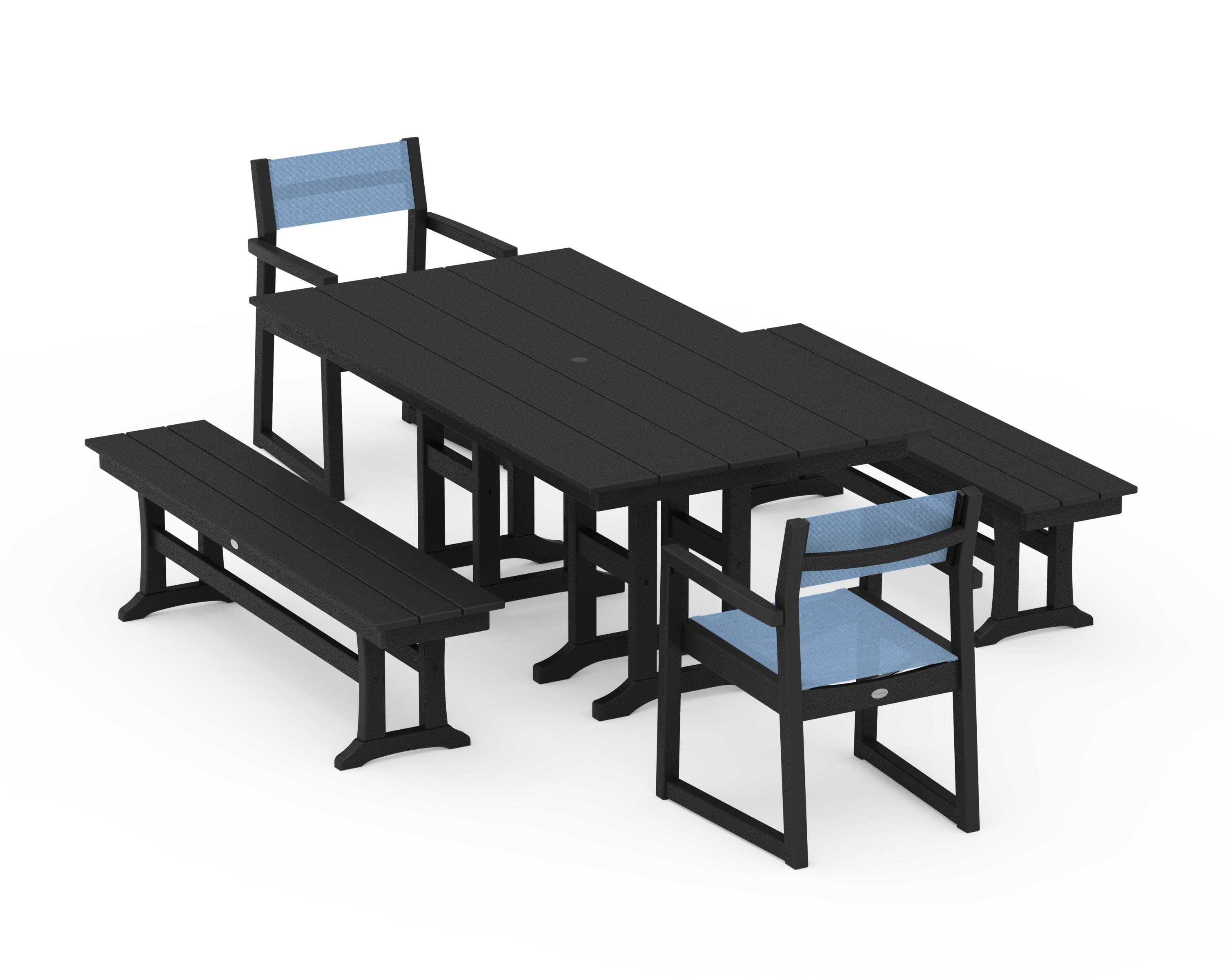 EDGE Sling Arm Chair 5-Piece Farmhouse Dining Set with Benches in Black / Poolside Sling