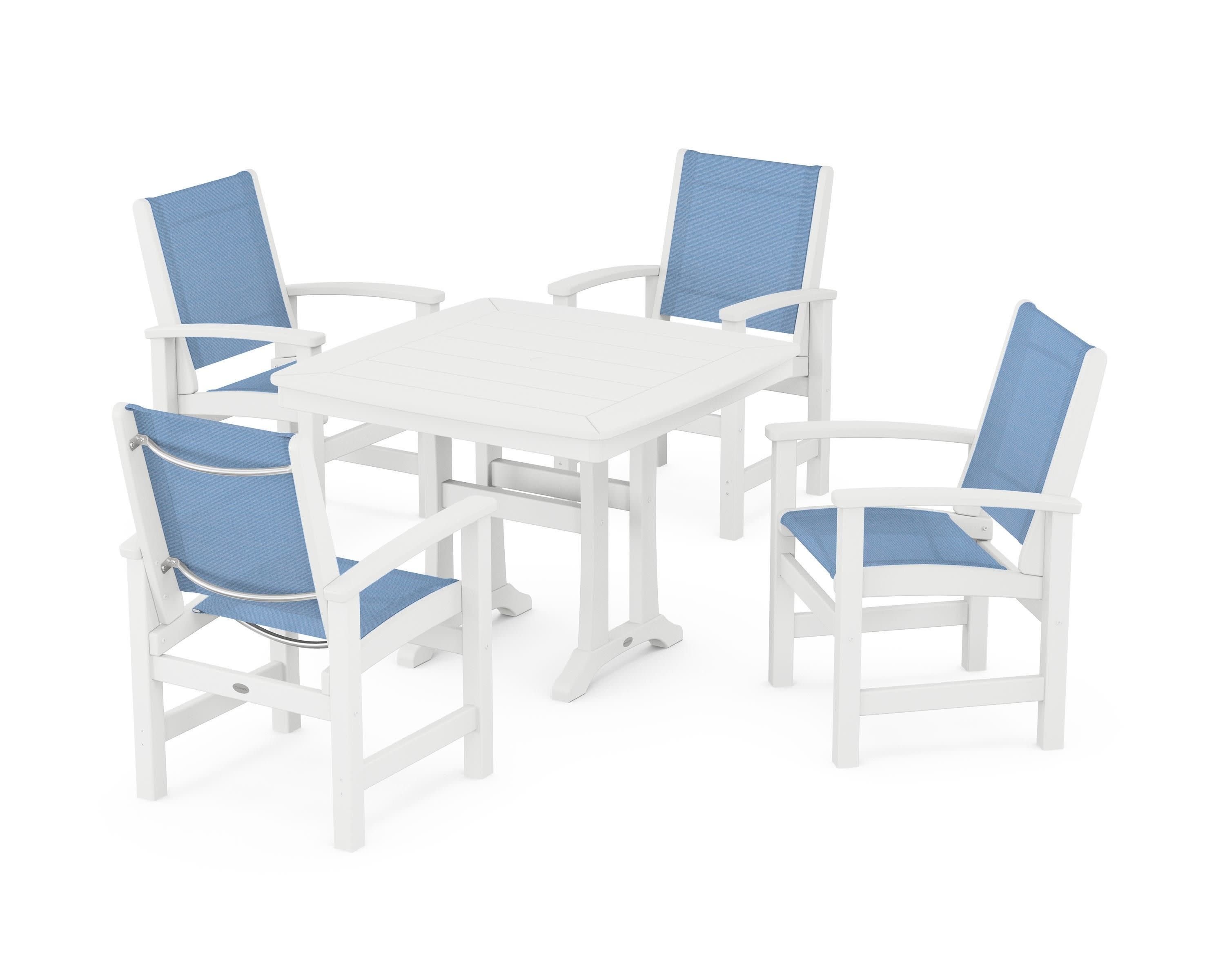 Coastal 5-Piece Dining Set with Trestle Legs in White / Poolside Sling
