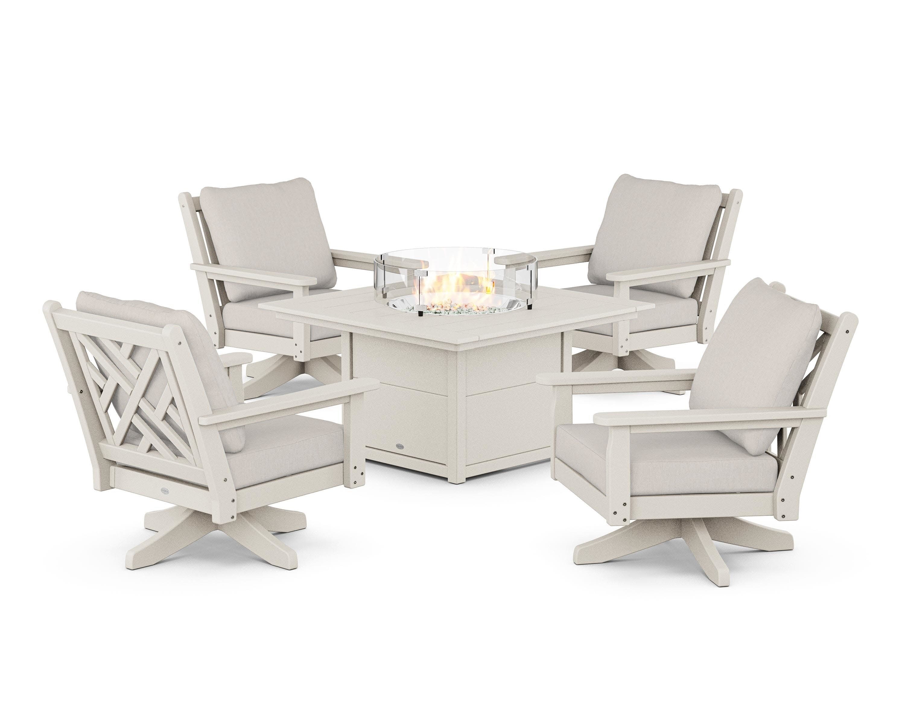Chippendale 5-Piece Deep Seating Swivel Conversation Set with Fire Pit Table in Sand / Cast Ash