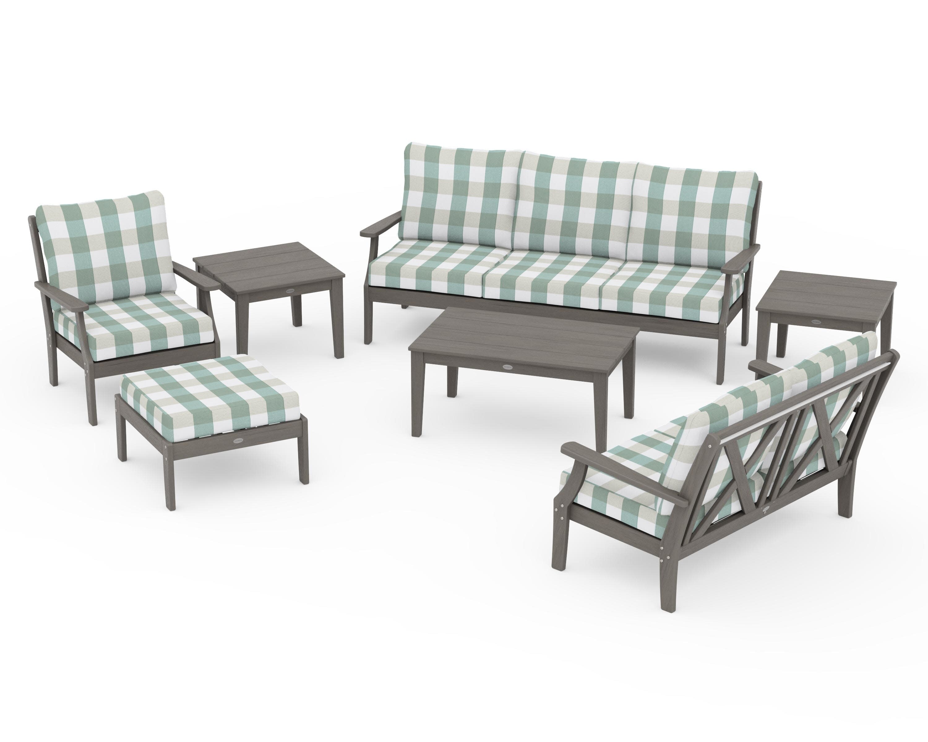 Braxton 7-Piece Deep Seating Set in Driftwood / Buffalo Plaid Glacier Spa