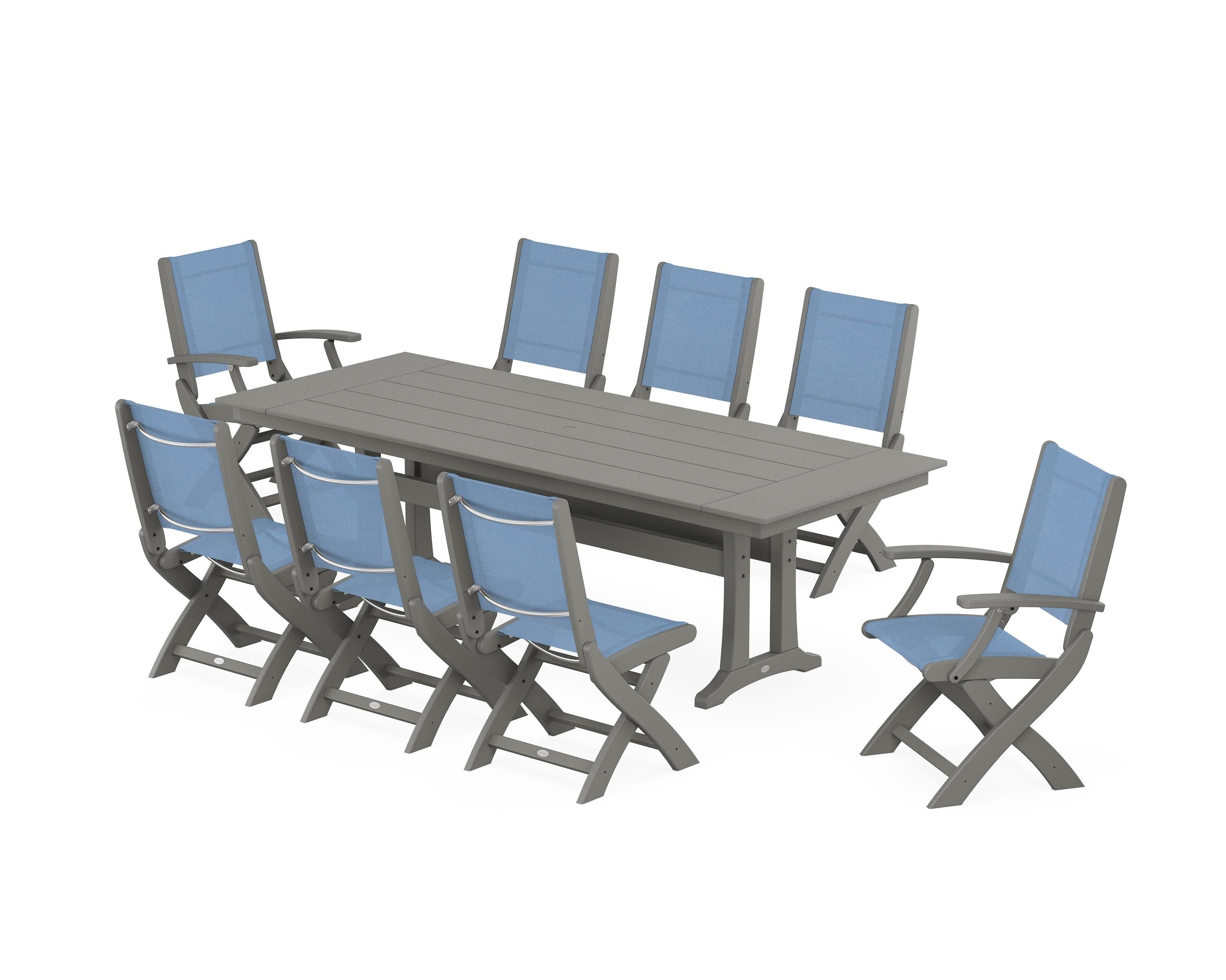 Coastal 9-Piece Folding Dining Chair Farmhouse Dining Set with Trestle Legs in Slate Grey / Poolside Sling