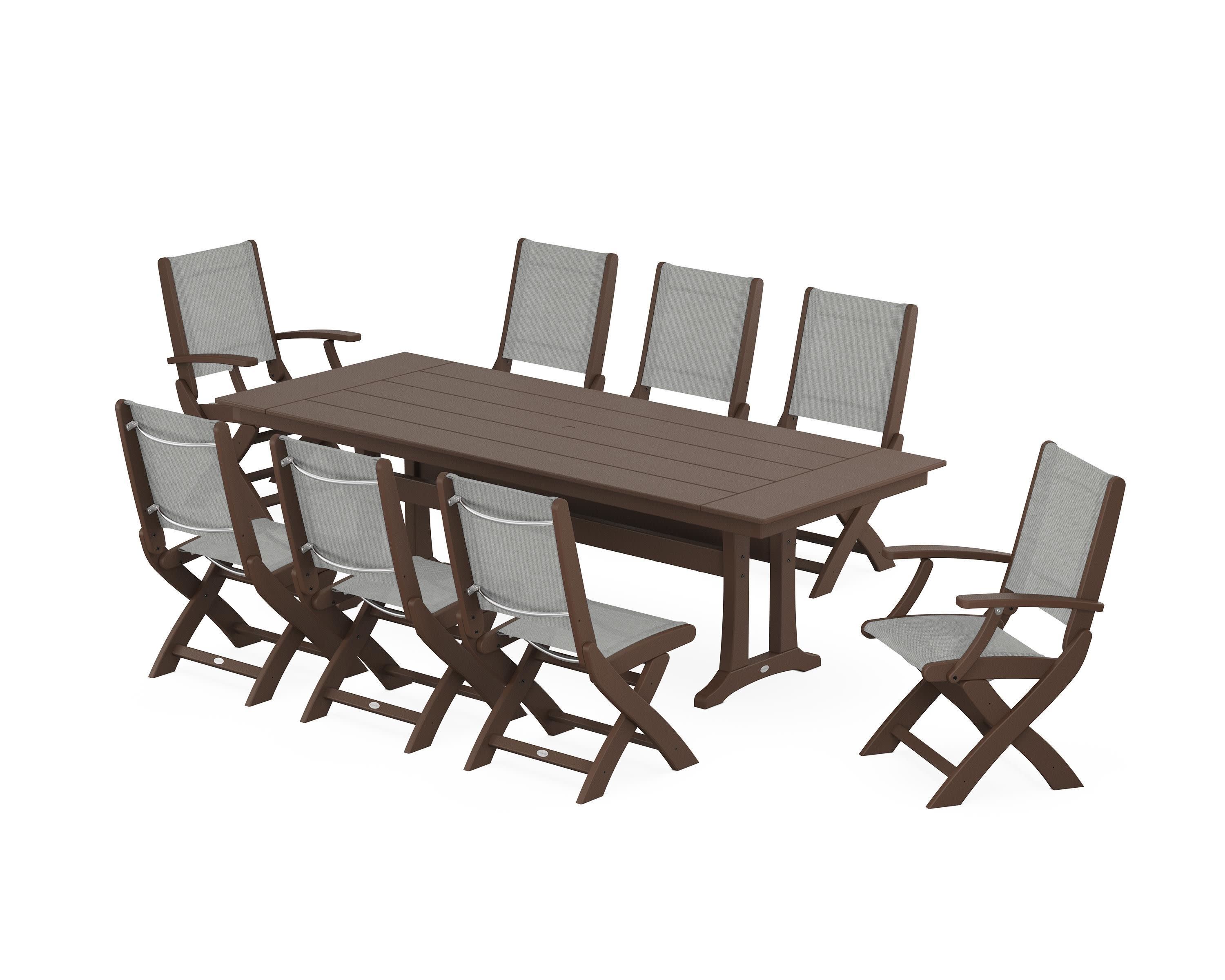 Coastal 9-Piece Folding Dining Chair Farmhouse Dining Set with Trestle Legs in Mahogany / Metallic Sling