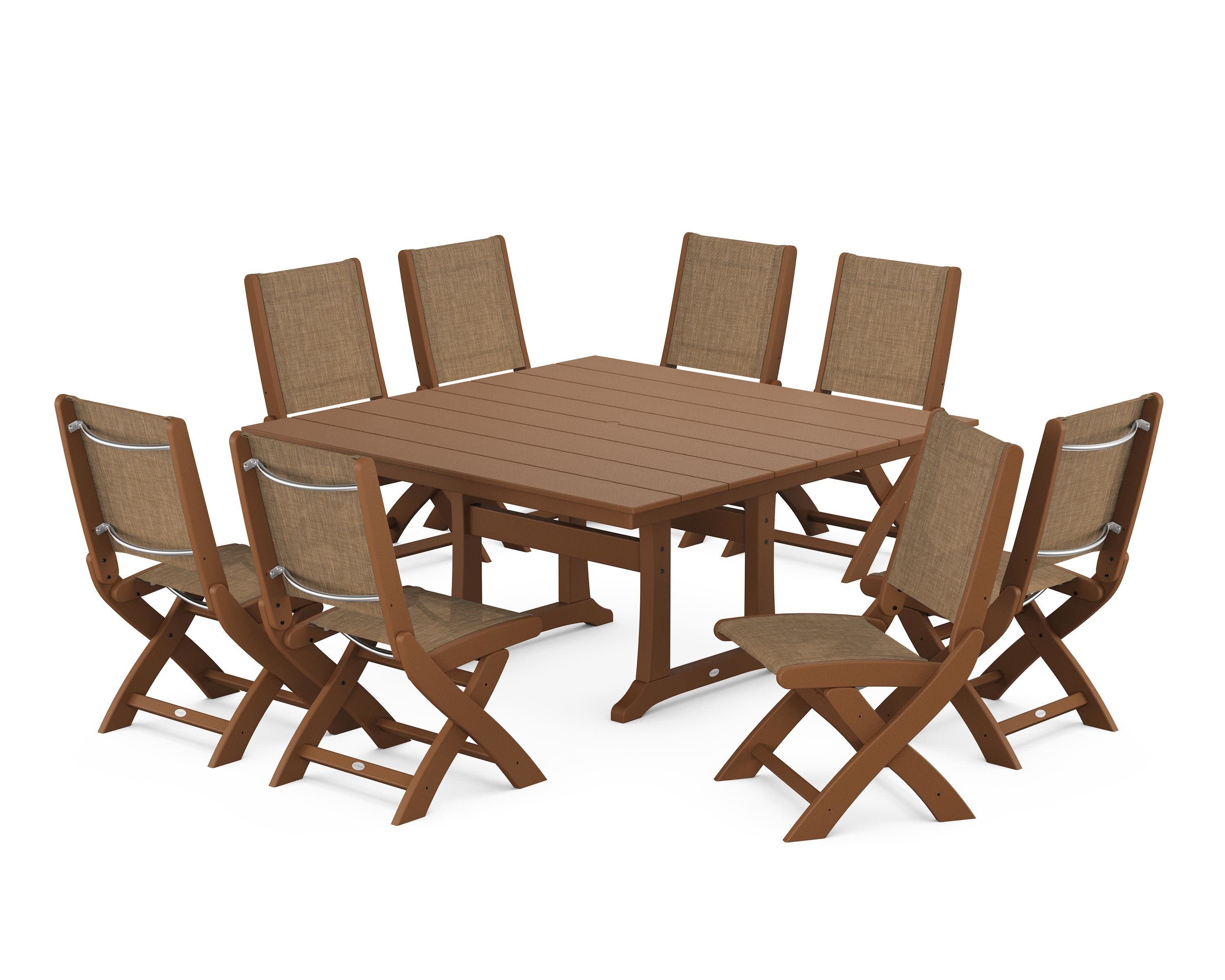Coastal Folding Side Chair 9-Piece Farmhouse Dining Set in Teak / Burlap Sling
