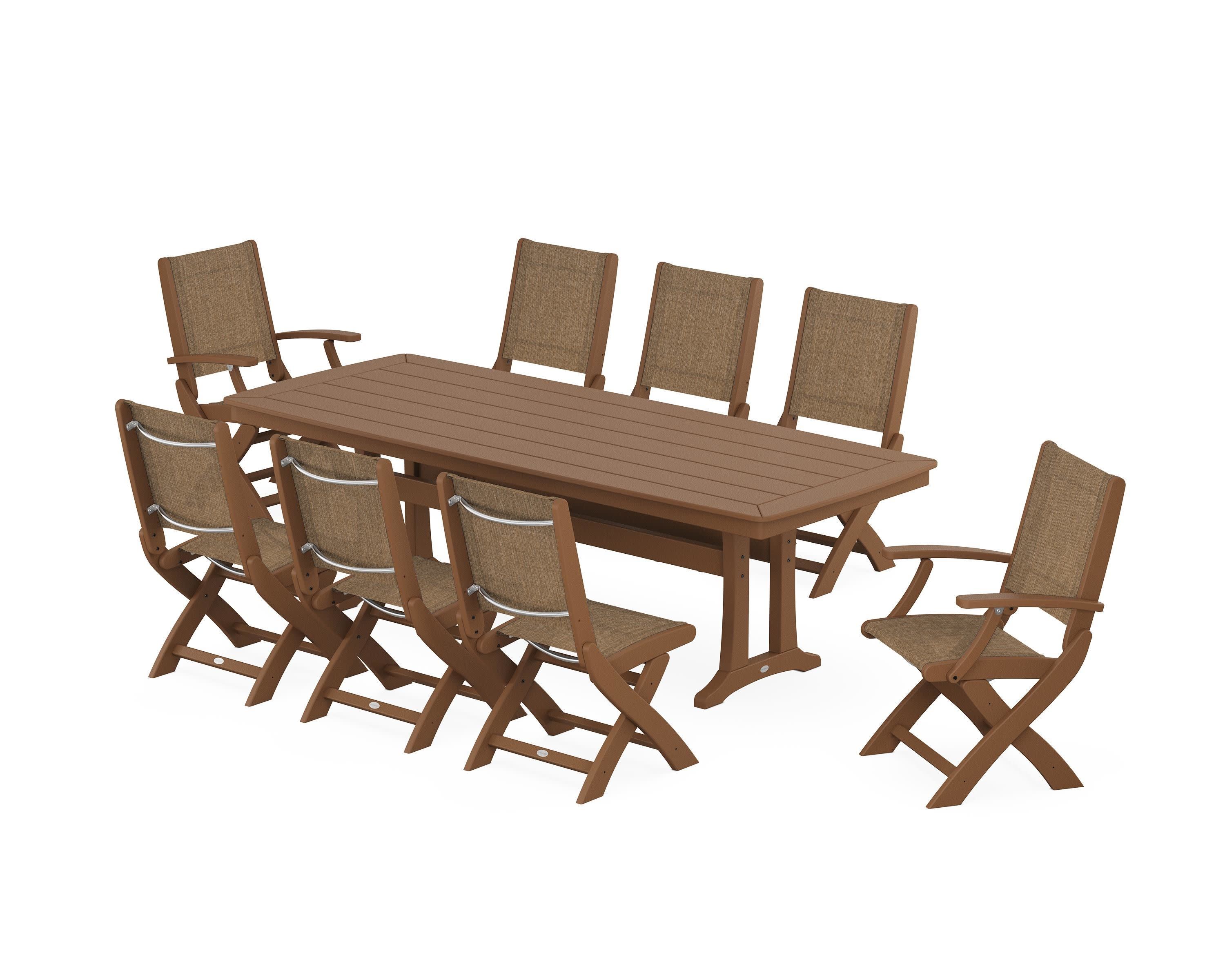 Coastal Folding 9-Piece Dining Set with Trestle Legs in Teak / Burlap Sling