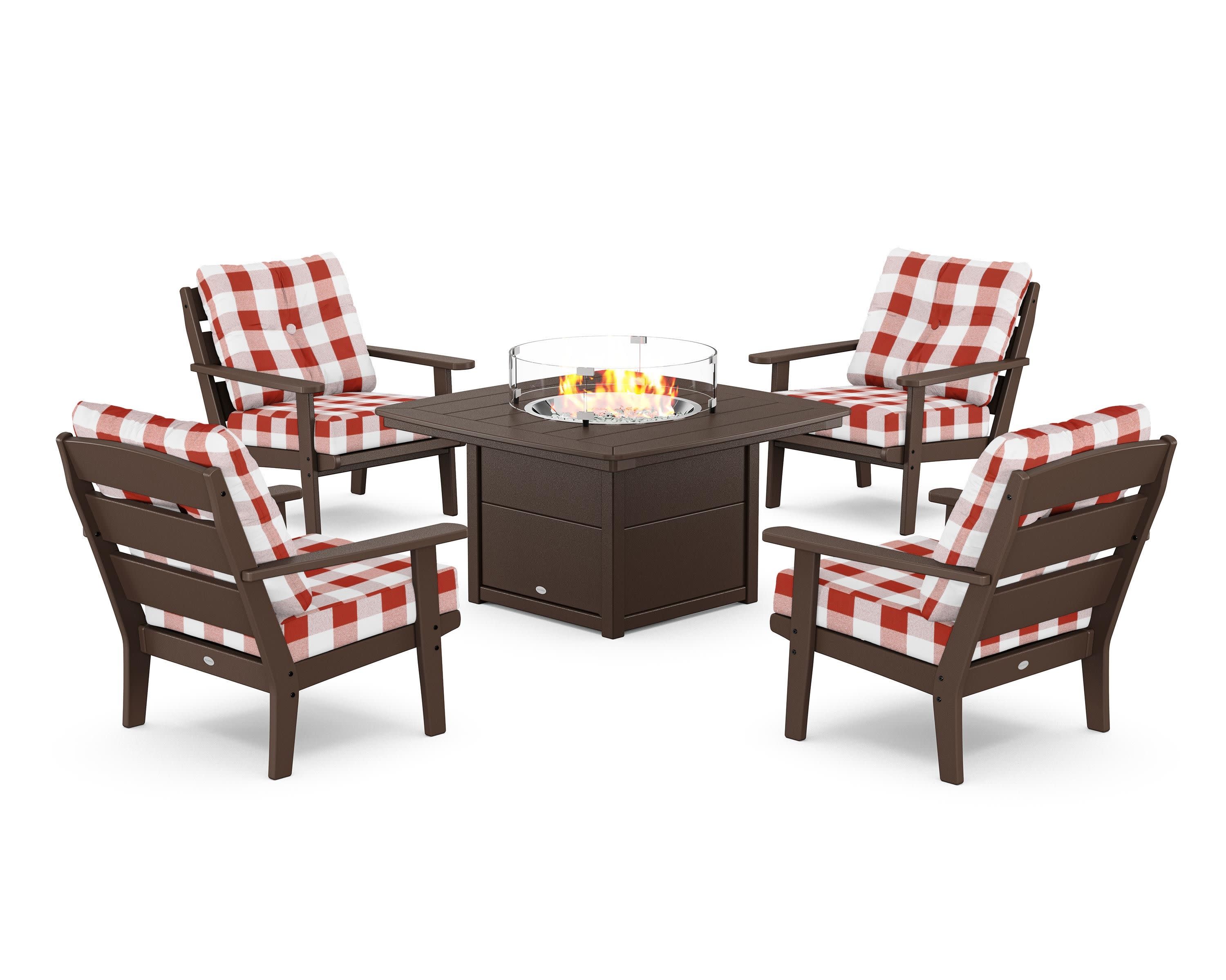 Lakeside 5-Piece Deep Seating Set with Nautical Fire Pit Table in Mahogany / Buffalo Plaid Crimson