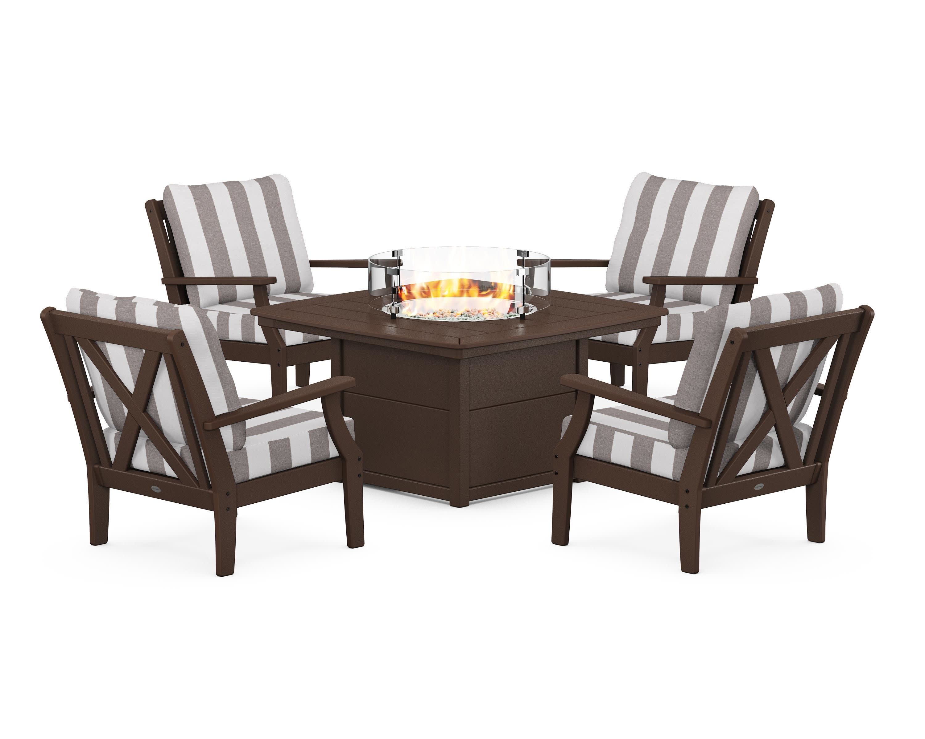 Braxton 5-Piece Deep Seating Conversation Set with Fire Pit Table in Mahogany / Cabana Stripe Grey Mist