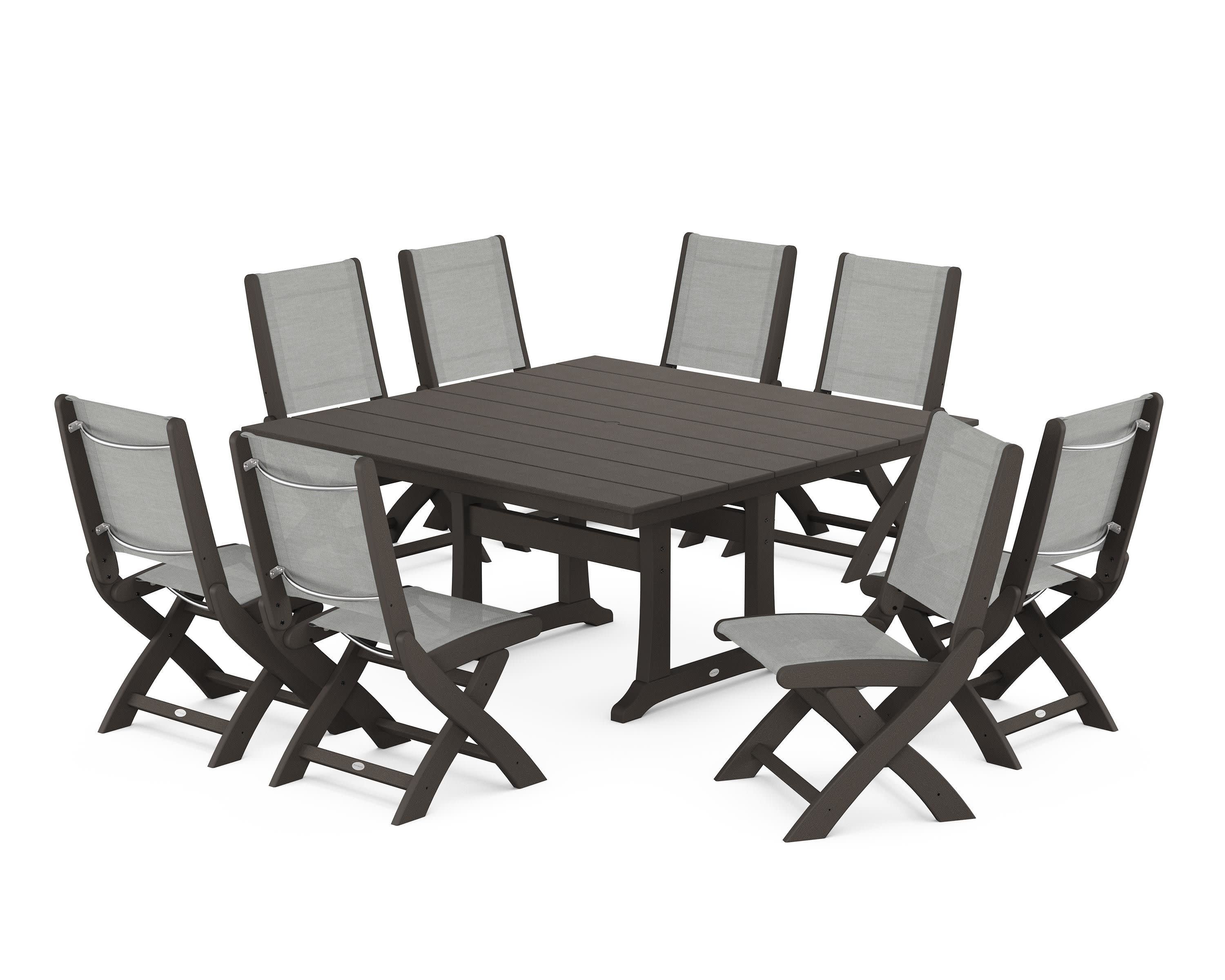 Coastal Folding Side Chair 9-Piece Farmhouse Dining Set in Vintage Coffee / Metallic Sling