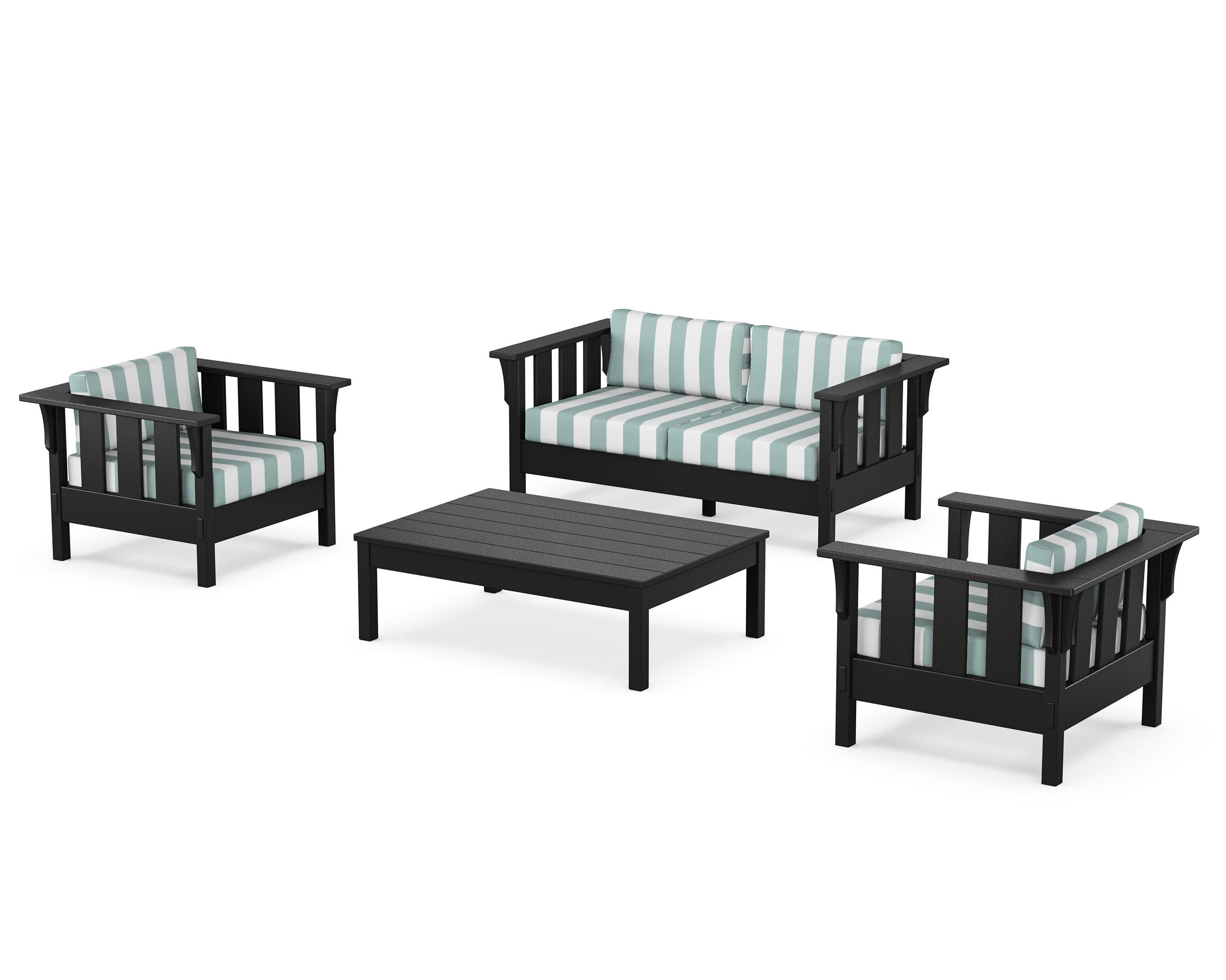Acadia 4-Piece Deep Seating Set with Loveseat in Black / Cabana Stripe Glacier Spa