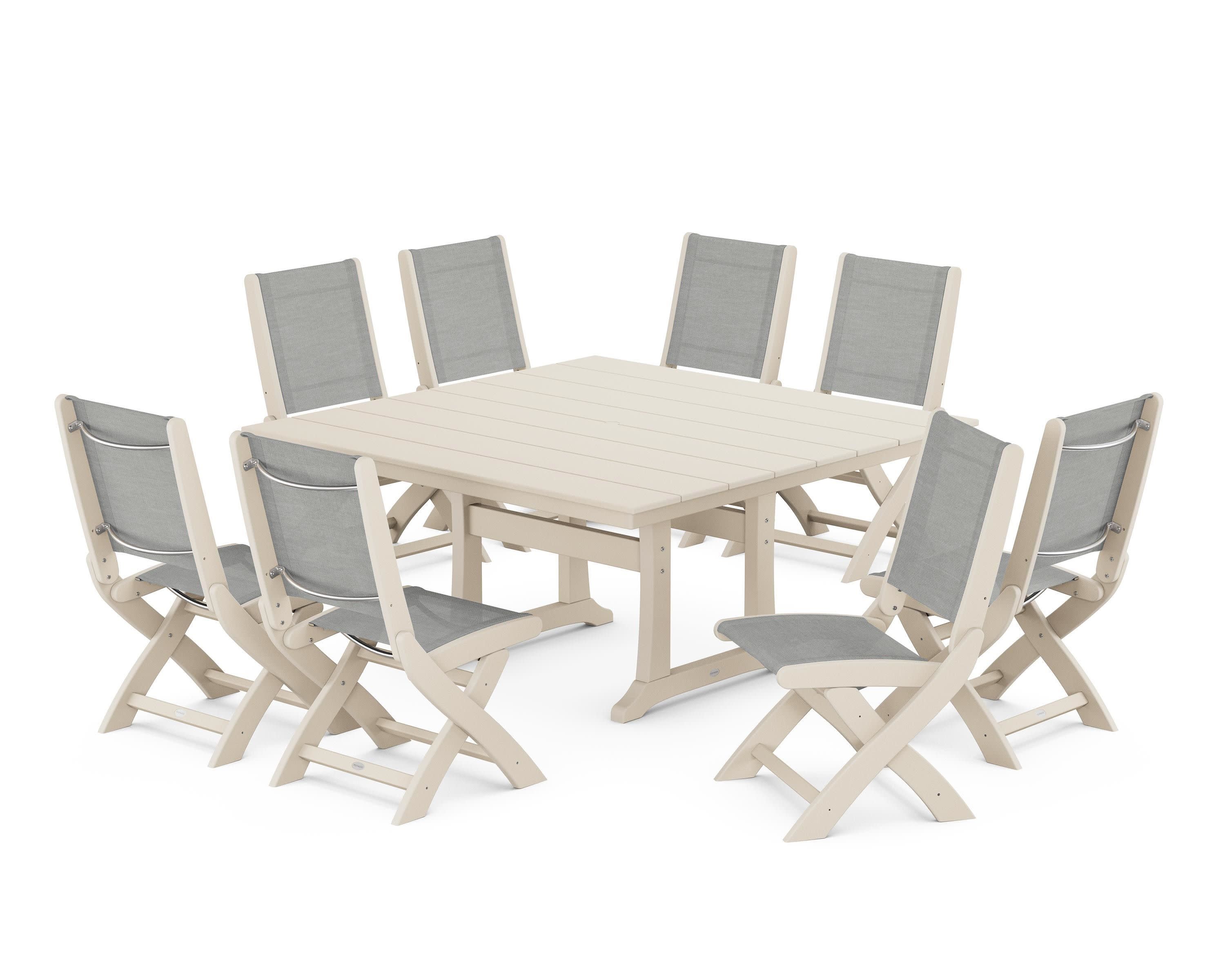 Coastal Folding Side Chair 9-Piece Farmhouse Dining Set in Sand / Metallic Sling