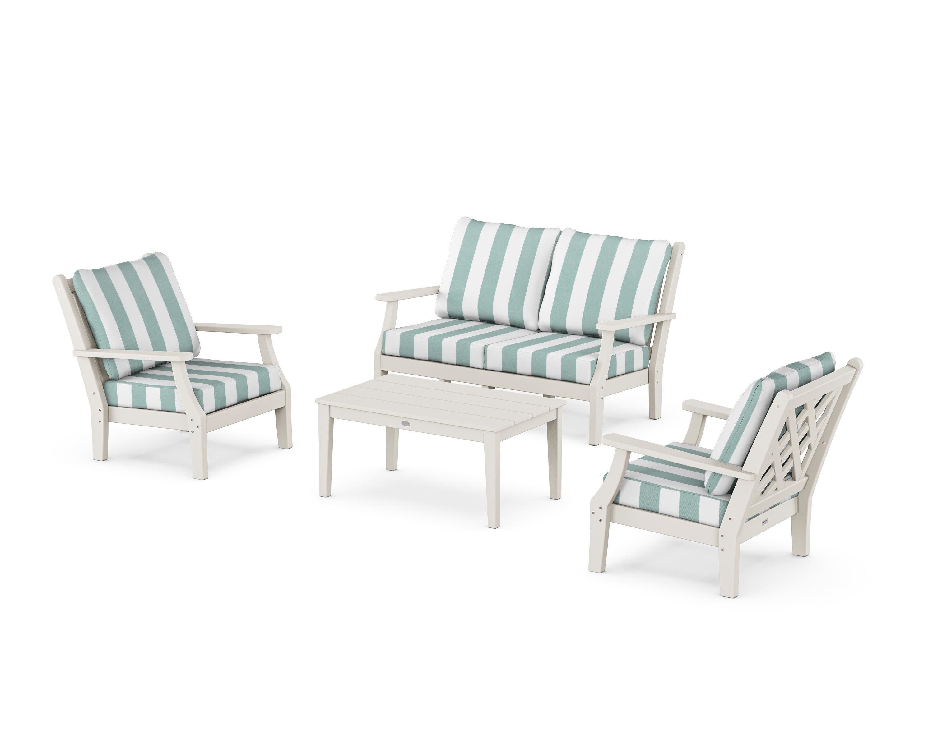 Wovendale 4-Piece Deep Seating Set with Loveseat in Sand / Cabana Stripe Glacier Spa