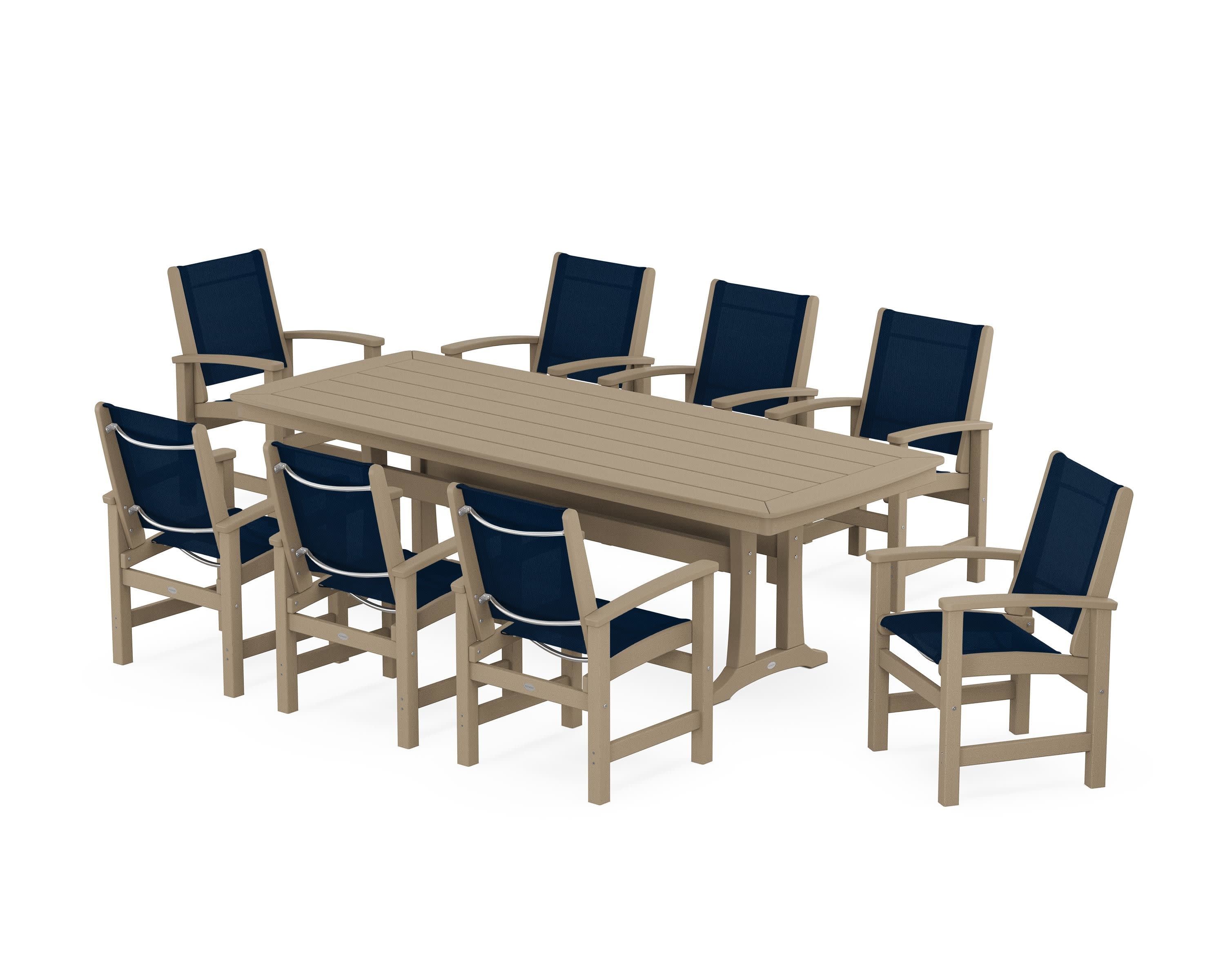 Coastal 9-Piece Dining Set with Trestle Legs in Vintage Sahara / Navy Blue Sling