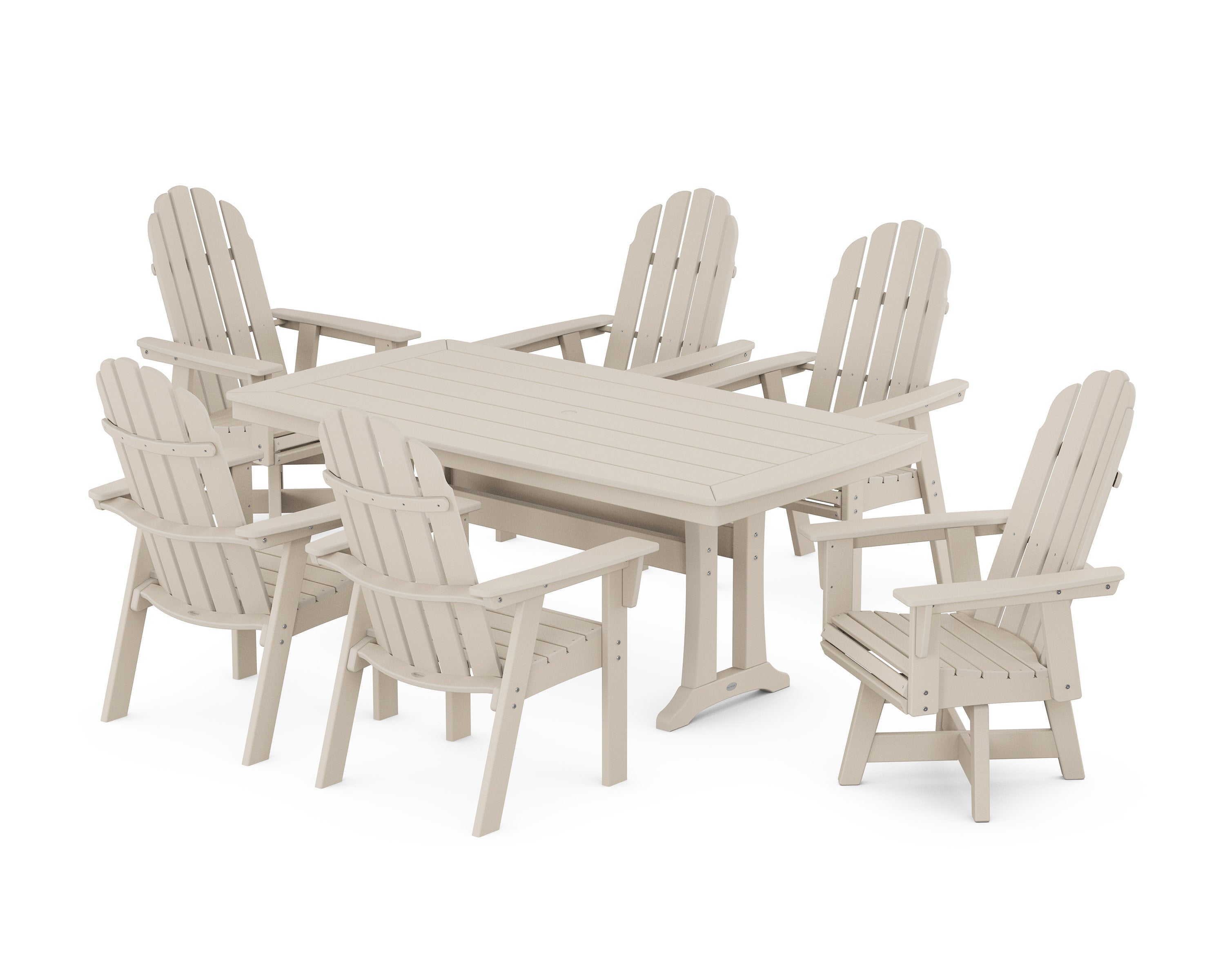 Vineyard Curveback Adirondack Swivel Chair 7-Piece Dining Set with Trestle Legs in Sand