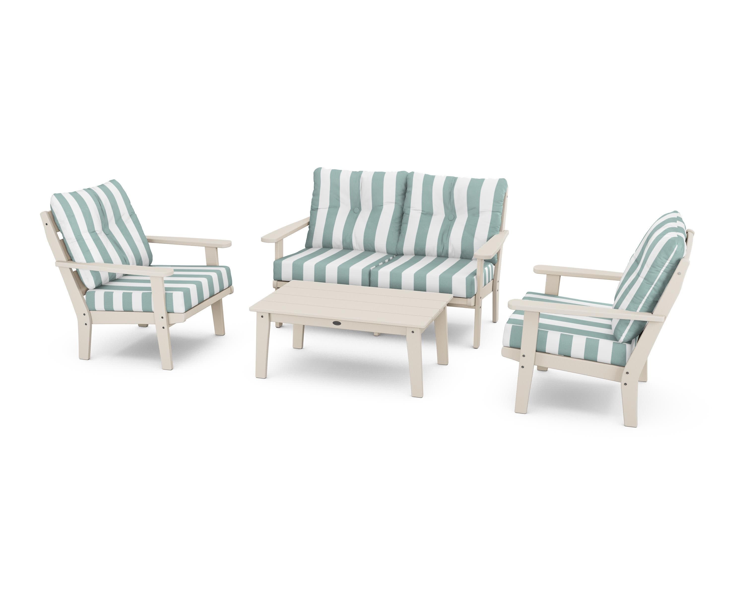 Lakeside 4-Piece Deep Seating Set in Sand / Cabana Stripe Glacier Spa