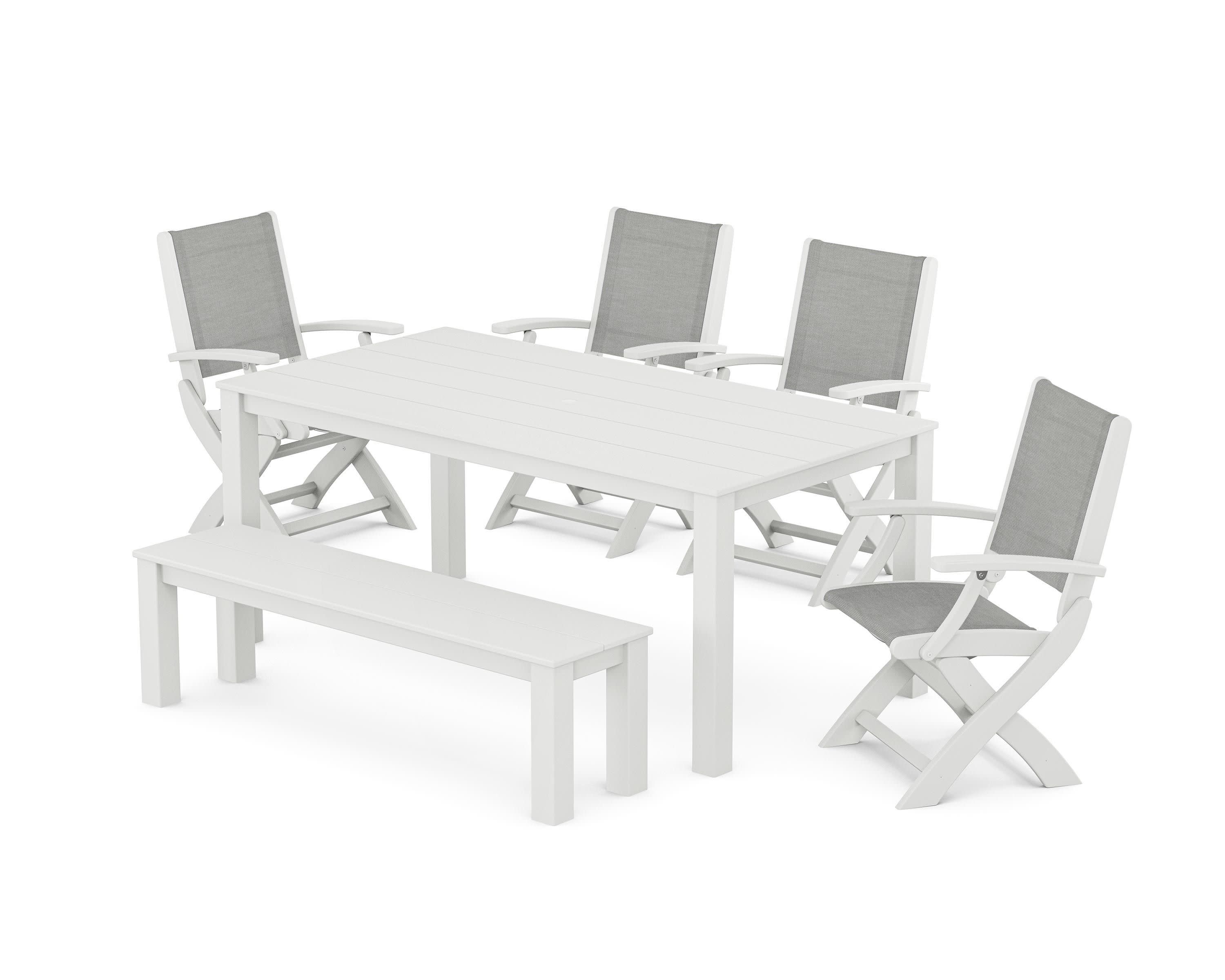 Coastal Folding Chair 6-Piece Parsons Dining Set with Bench in White / Metallic Sling