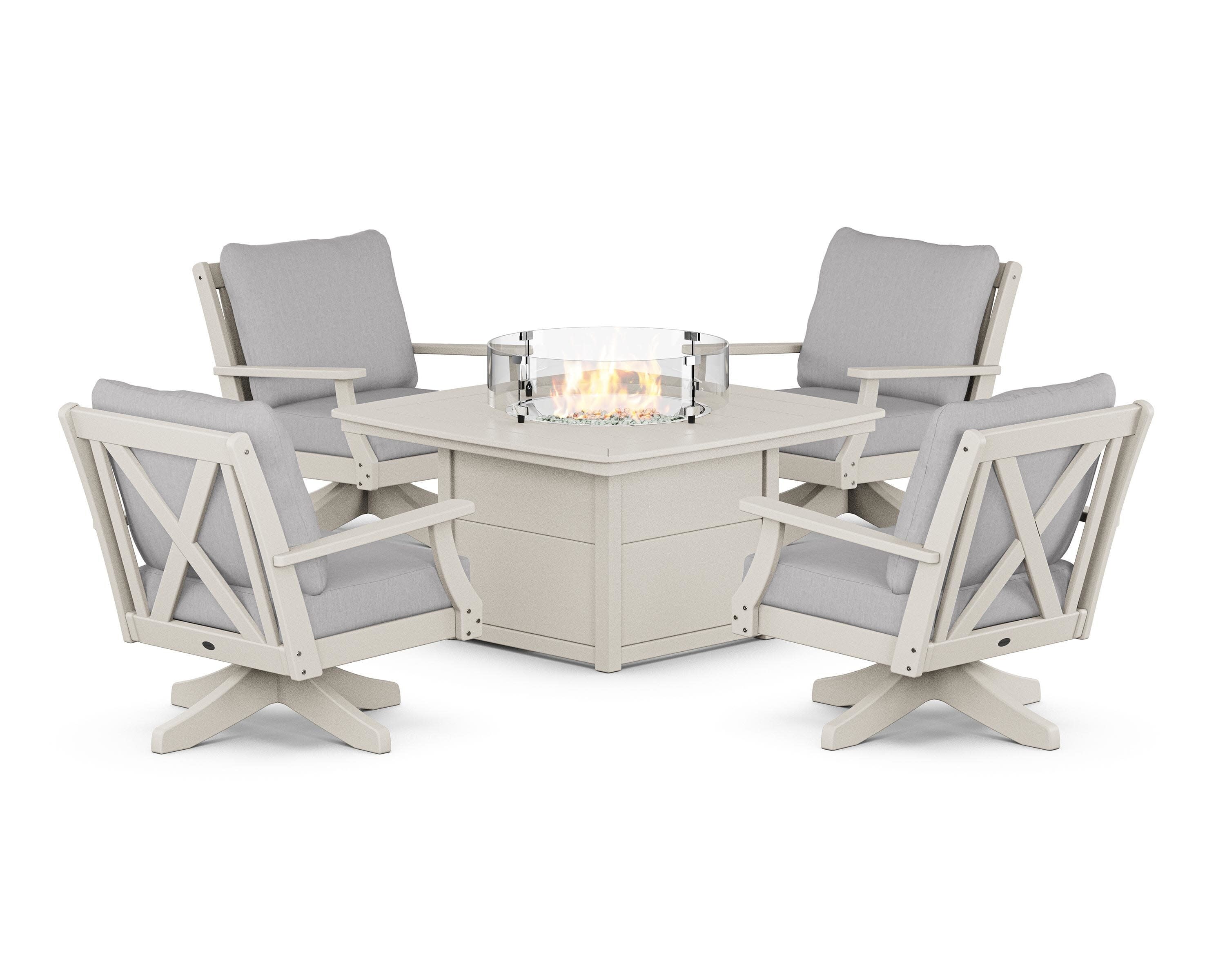 Braxton 5-Piece Deep Seating Swivel Conversation Set with Fire Pit Table in Sand / Granite