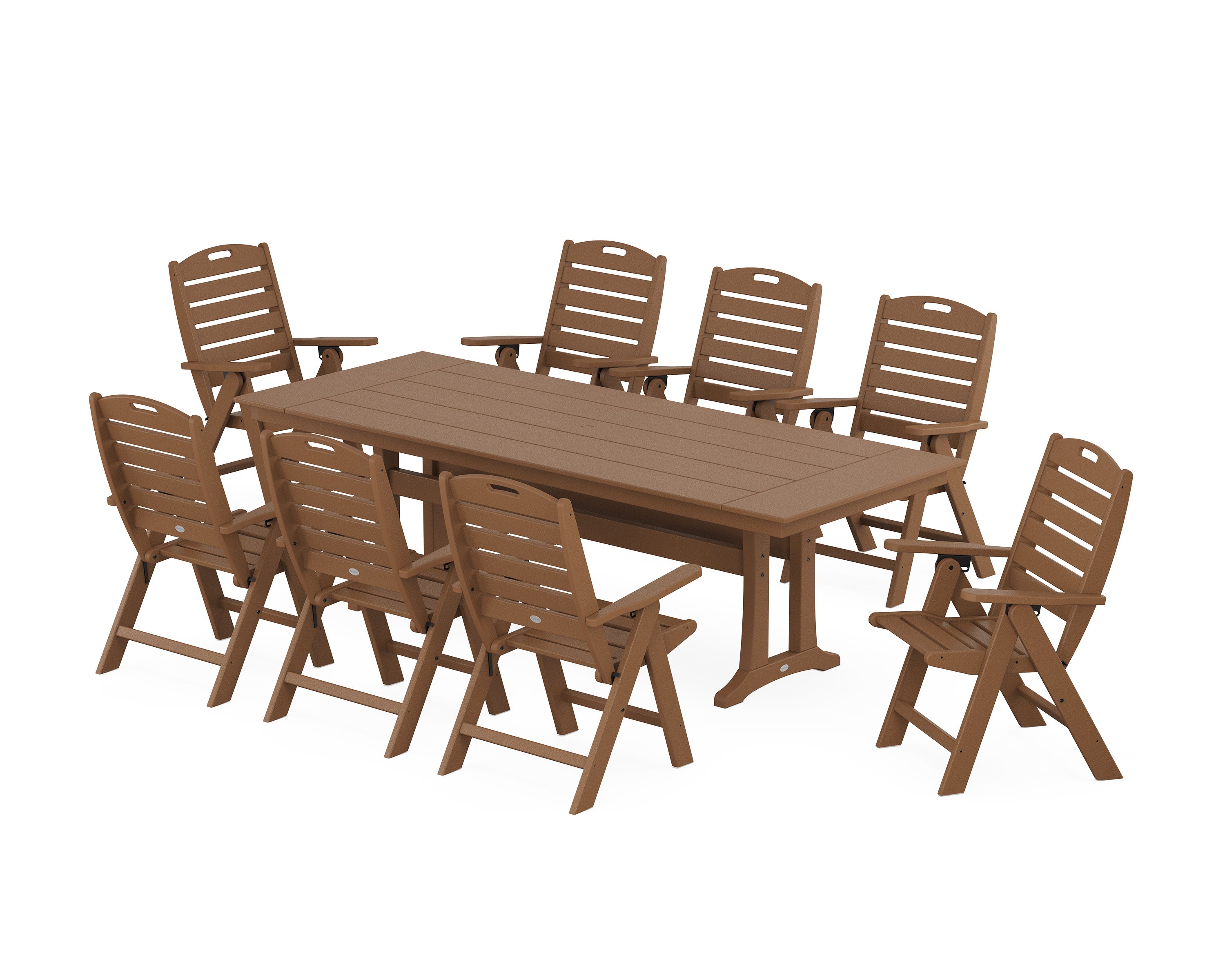 Nautical Highback 9-Piece Farmhouse Dining Set with Trestle Legs in Teak