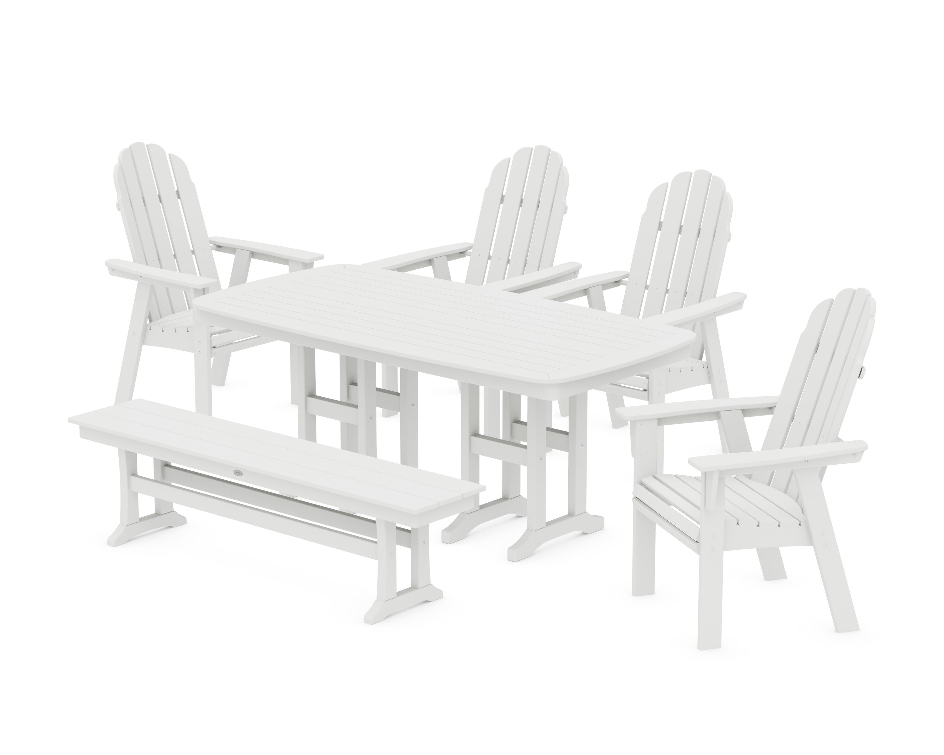 Vineyard Curveback Adirondack Chair 6-Piece Dining Set with Bench in White