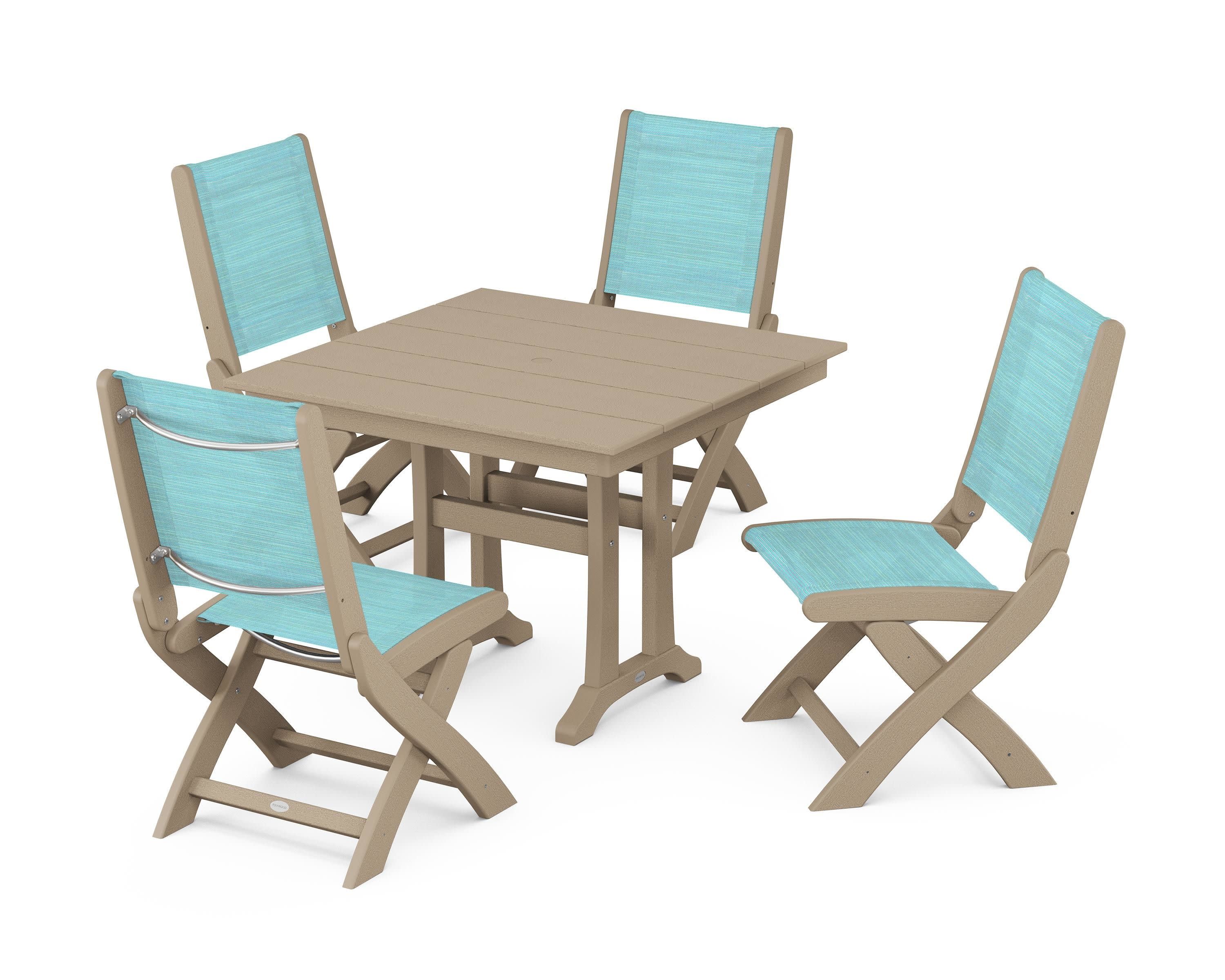 Coastal Folding Side Chair 5-Piece Farmhouse Dining Set With Trestle Legs in Vintage Sahara / Dupioni Aquamarine Sling
