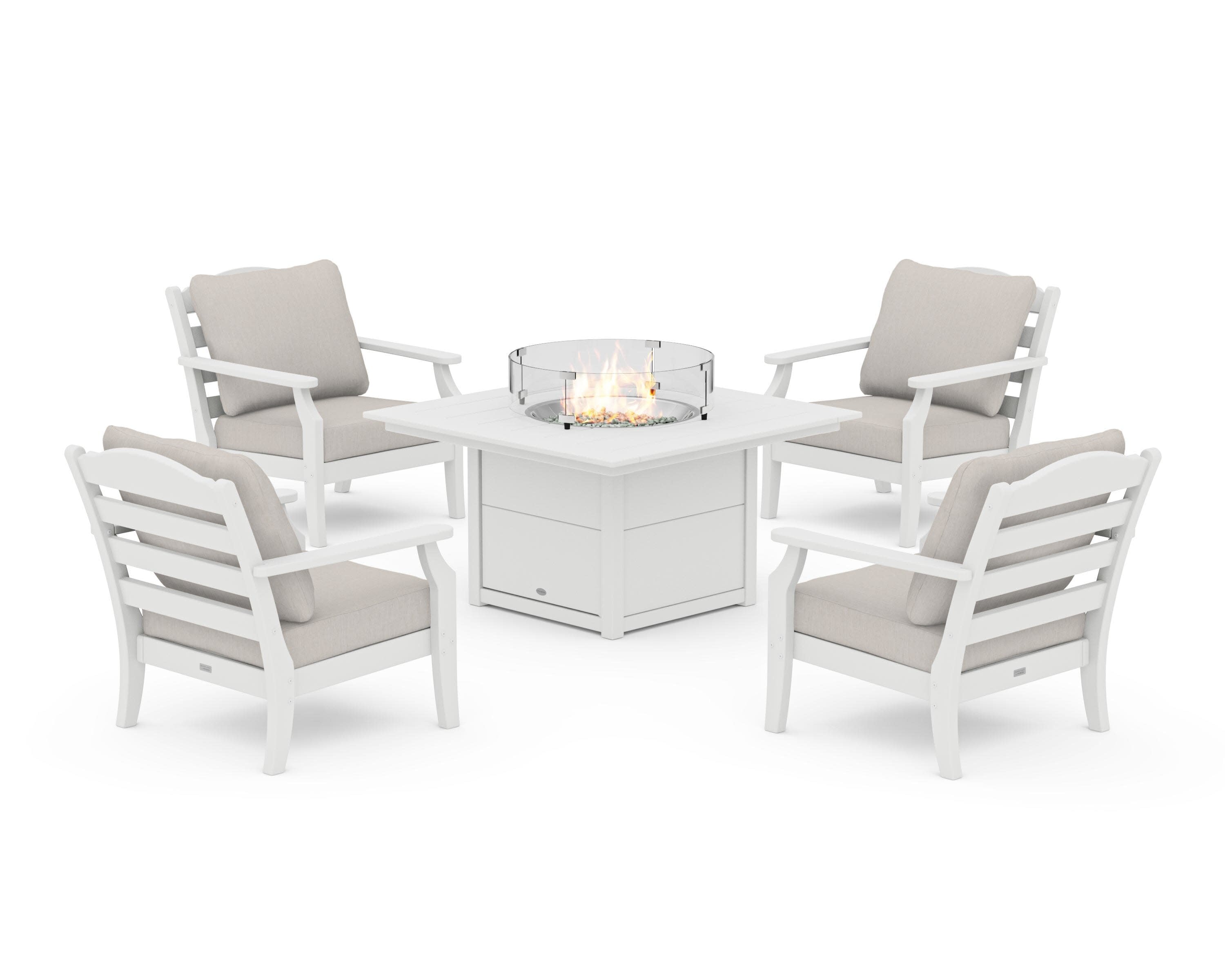 Savannah 5-Piece Deep Seating Set with Fire Pit Table in White / Cast Ash