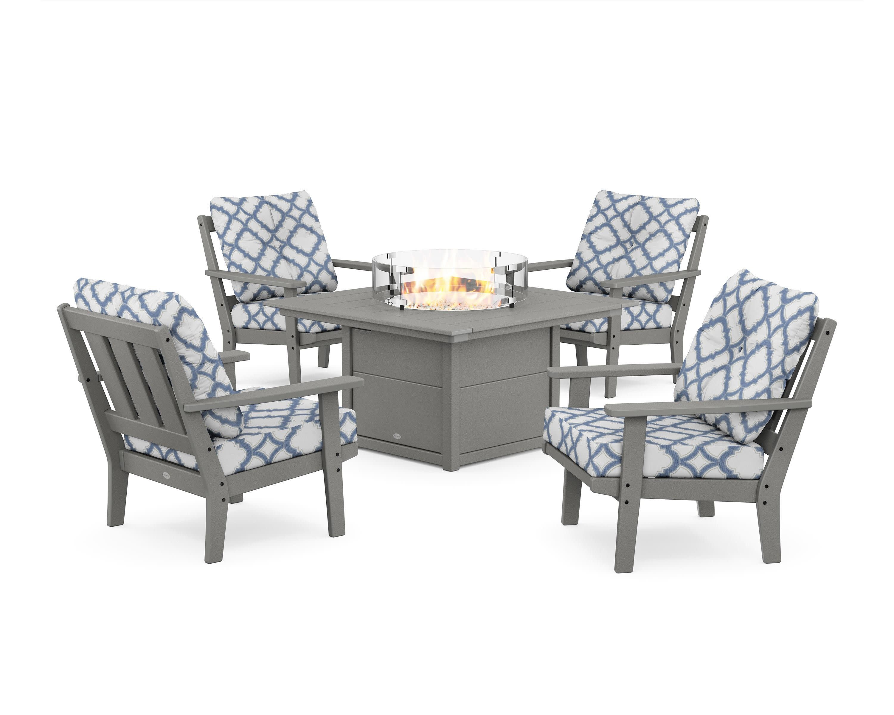 Oxford 5-Piece Deep Seating Set with Fire Pit Table in Slate Grey / Trellis Sky Blue
